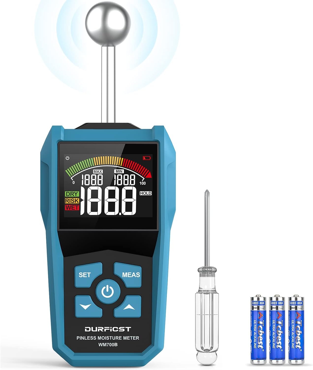 Vochtmeter, DURFICST vochtmeter met kleur-LCD en akoestische alarm, Geschikt voor alle bouwmaterialen, hout, wanden, pleisterwerk, metselwerk, 20-40 mm analysediepte - Maat WM700B