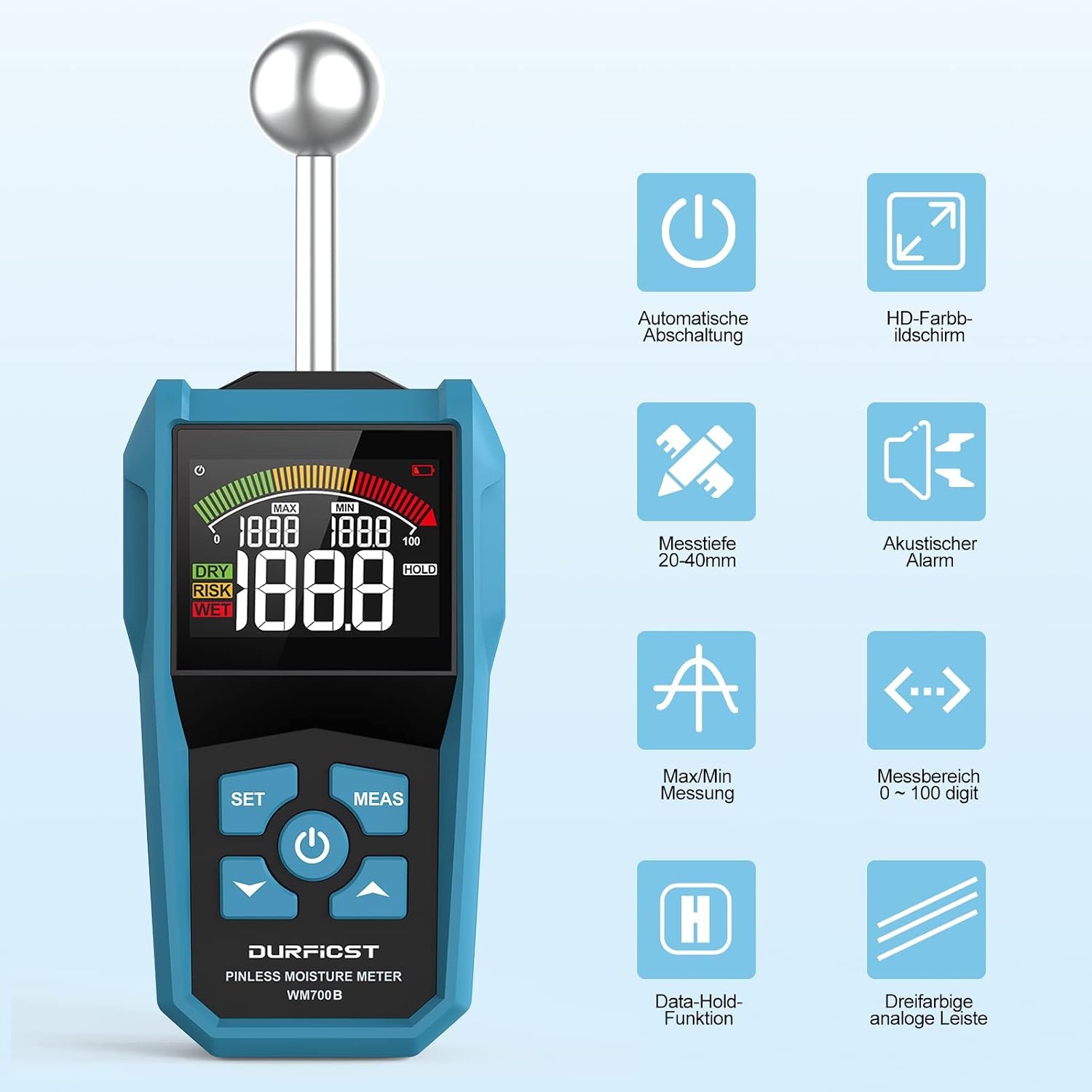 Vochtmeter, DURFICST vochtmeter met kleur-LCD en akoestische alarm, Geschikt voor alle bouwmaterialen, hout, wanden, pleisterwerk, metselwerk, 20-40 mm analysediepte - Maat WM700B