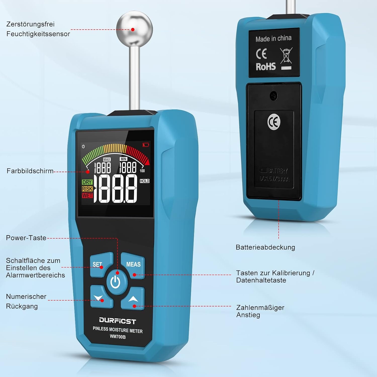 Vochtmeter, DURFICST vochtmeter met kleur-LCD en akoestische alarm, Geschikt voor alle bouwmaterialen, hout, wanden, pleisterwerk, metselwerk, 20-40 mm analysediepte - Maat WM700B