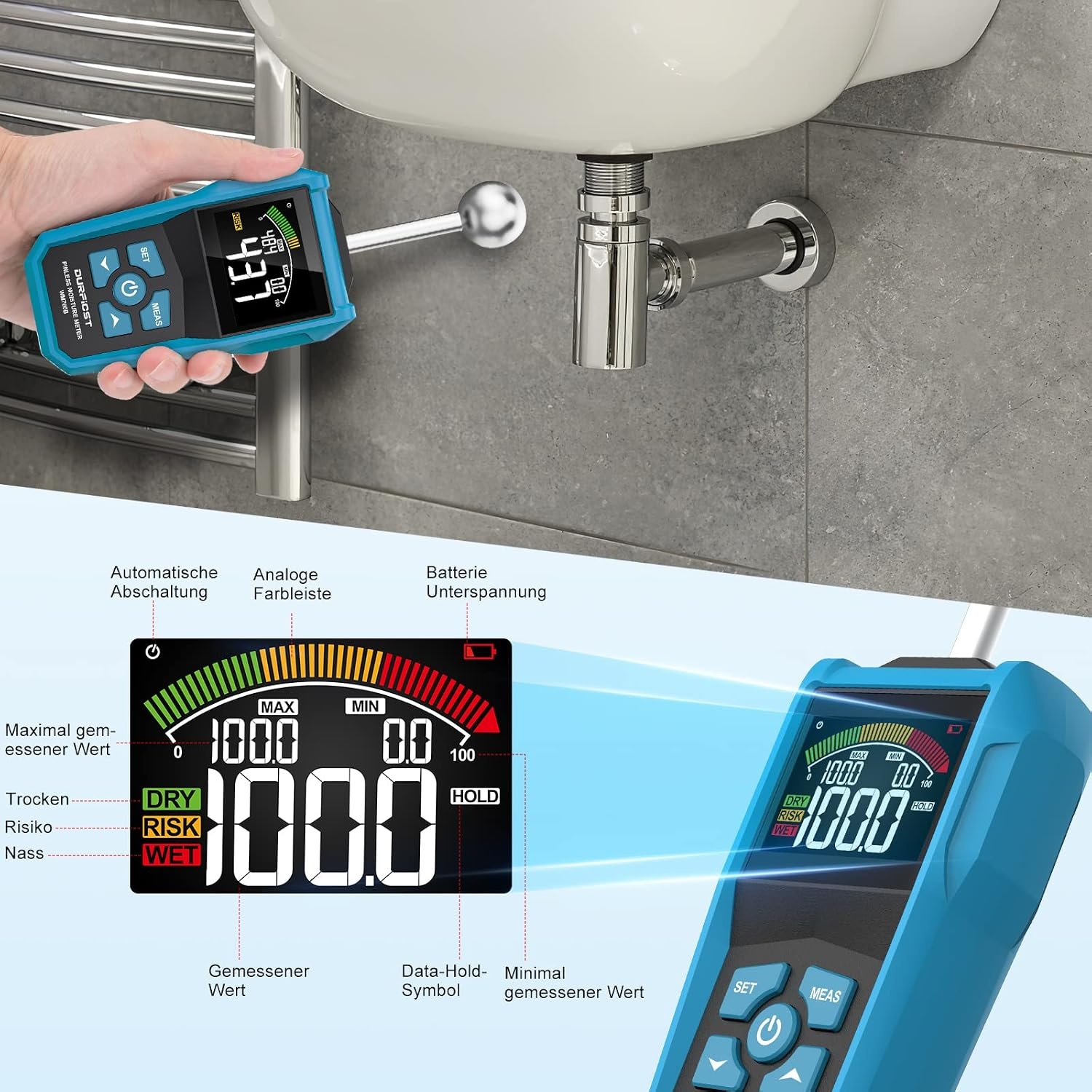Vochtmeter, DURFICST vochtmeter met kleur-LCD en akoestische alarm, Geschikt voor alle bouwmaterialen, hout, wanden, pleisterwerk, metselwerk, 20-40 mm analysediepte - Maat WM700B