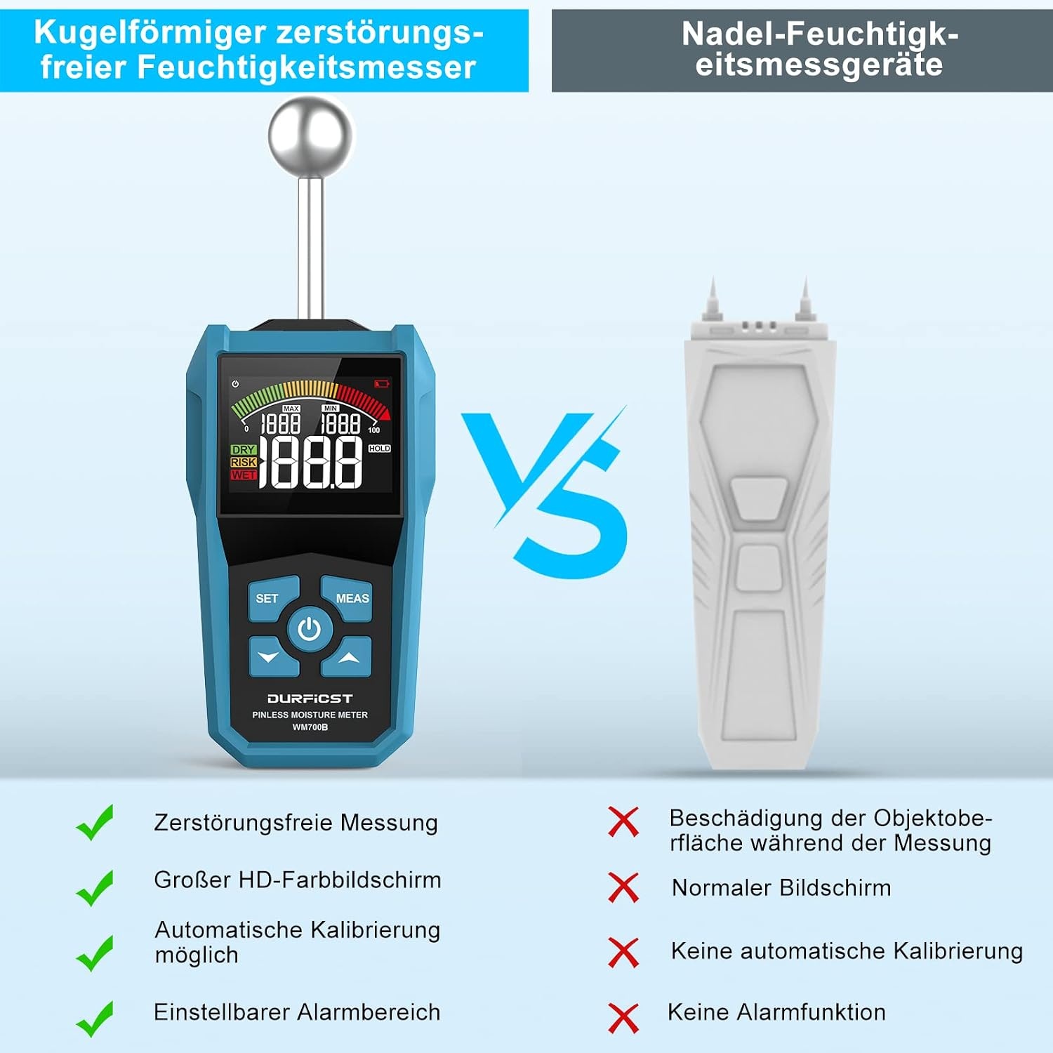 Vochtmeter, DURFICST vochtmeter met kleur-LCD en akoestische alarm, Geschikt voor alle bouwmaterialen, hout, wanden, pleisterwerk, metselwerk, 20-40 mm analysediepte - Maat WM700B