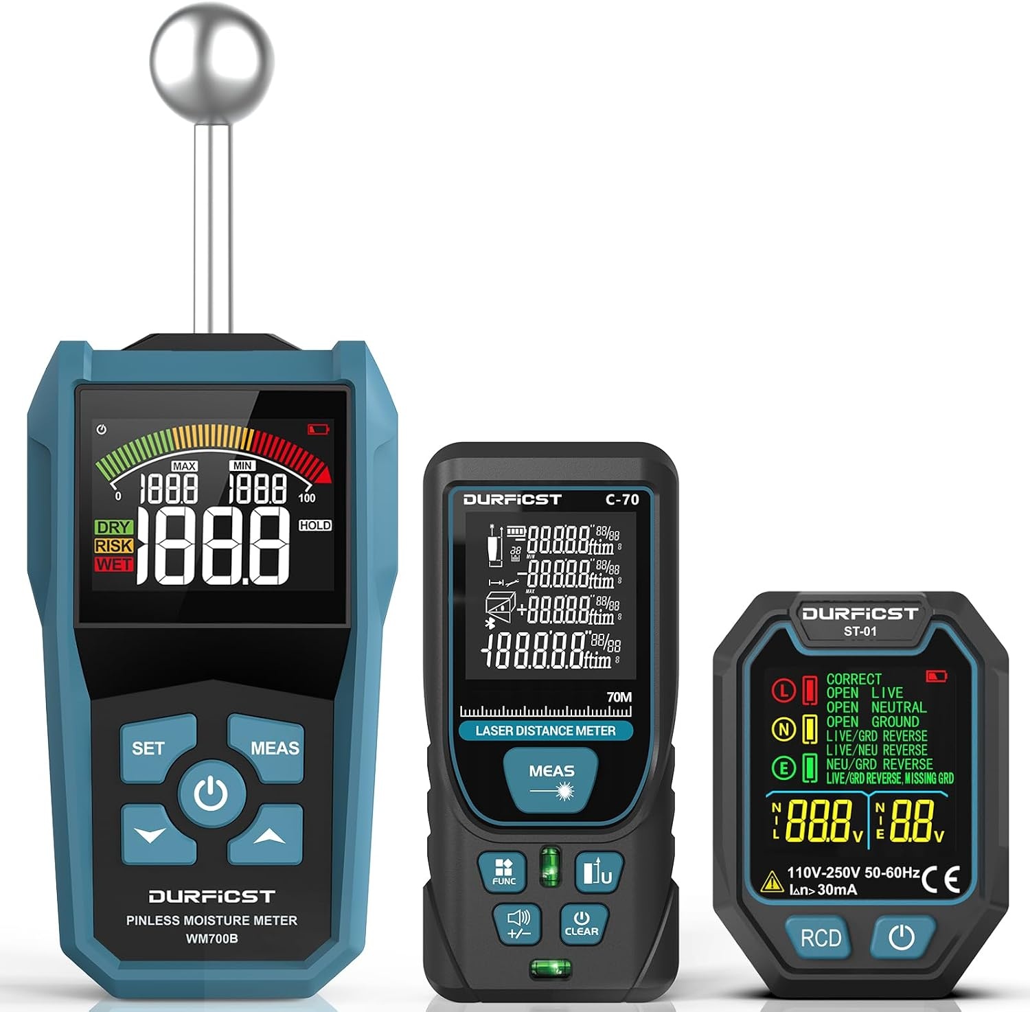 Vochtmeter, DURFICST vochtmeter met kleur-LCD en akoestische alarm, Geschikt voor alle bouwmaterialen, hout, wanden, pleisterwerk, metselwerk, 20-40 mm analysediepte - Maat WM700B