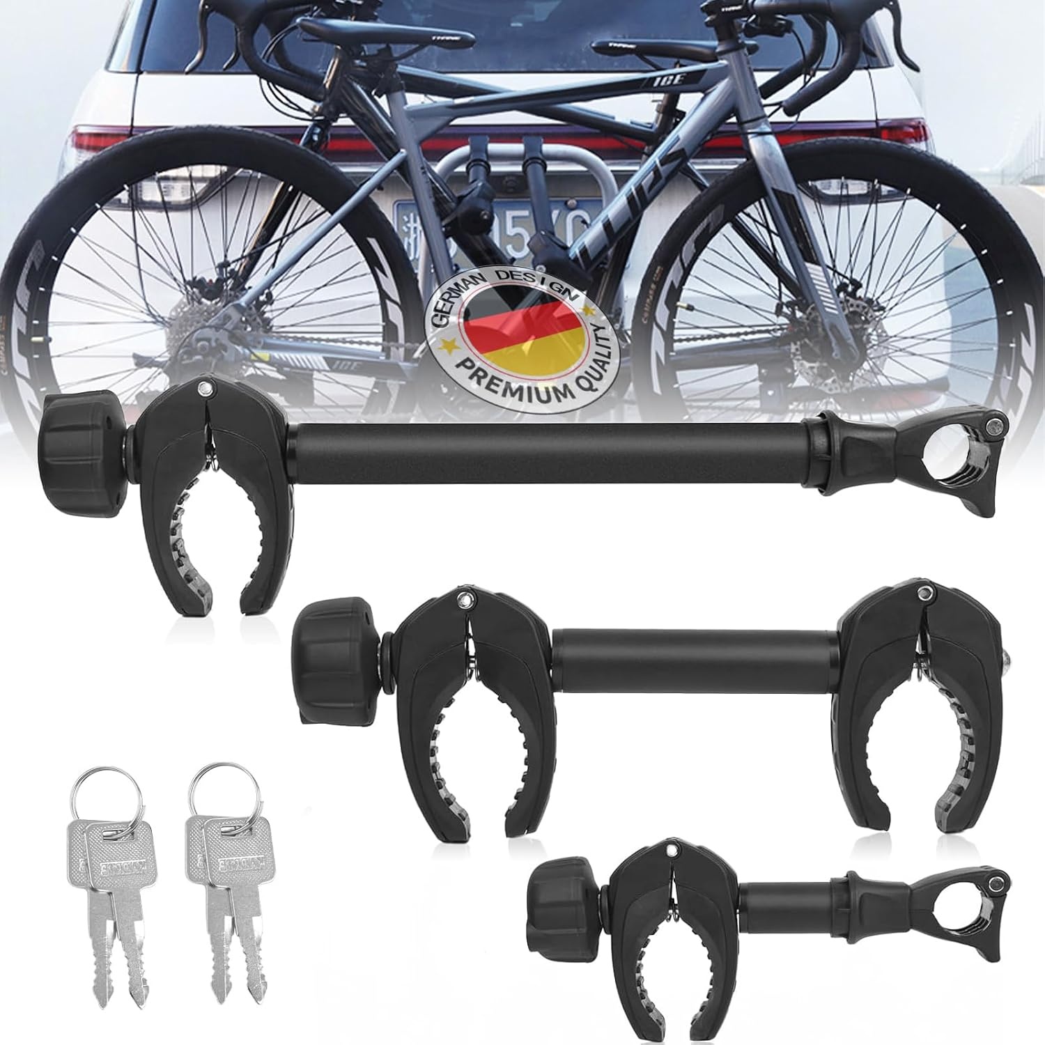 FINEW 3 stuks framehouders voor fietsendrager, trekhaak, 45 cm + 32 cm + 25 cm, universele fietsframehouder afsluitbaar, framehouder voor U-beugelbuis: Ø 2,5-3 cm, krachtige fixatie (patent)