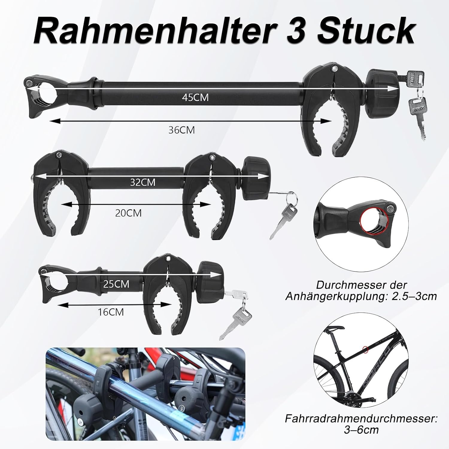 FINEW 3 stuks framehouders voor fietsendrager, trekhaak, 45 cm + 32 cm + 25 cm, universele fietsframehouder afsluitbaar, framehouder voor U-beugelbuis: Ø 2,5-3 cm, krachtige fixatie (patent)