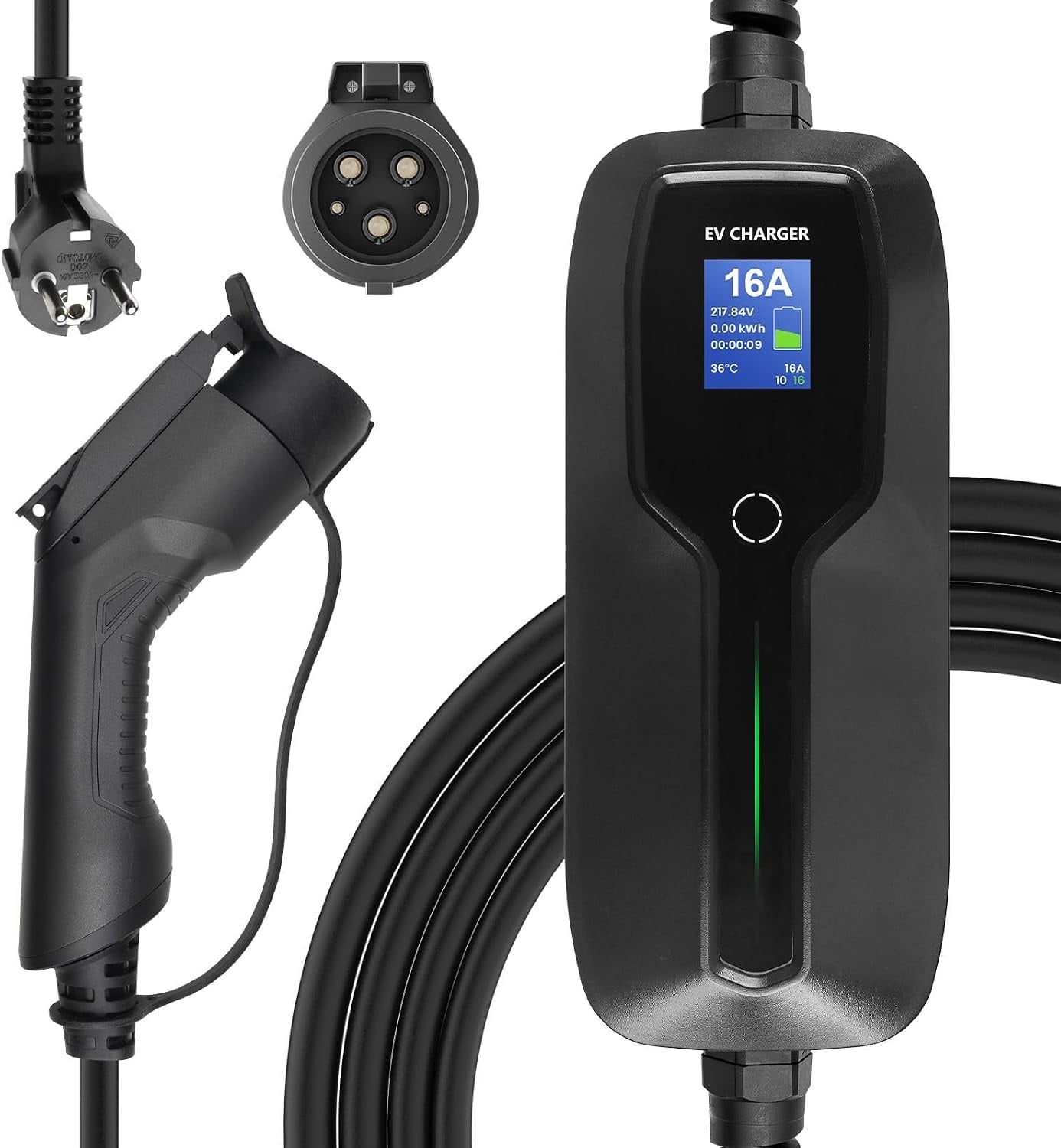 Morec Typ1 draagbare EV-oplaadkabel schakelbare oplaaddoos 10 / 16A-oplader met scherm Schuko 2-pins EV-laadstation SAE J1772 elektrische auto EVSE (eurostekker) 6m