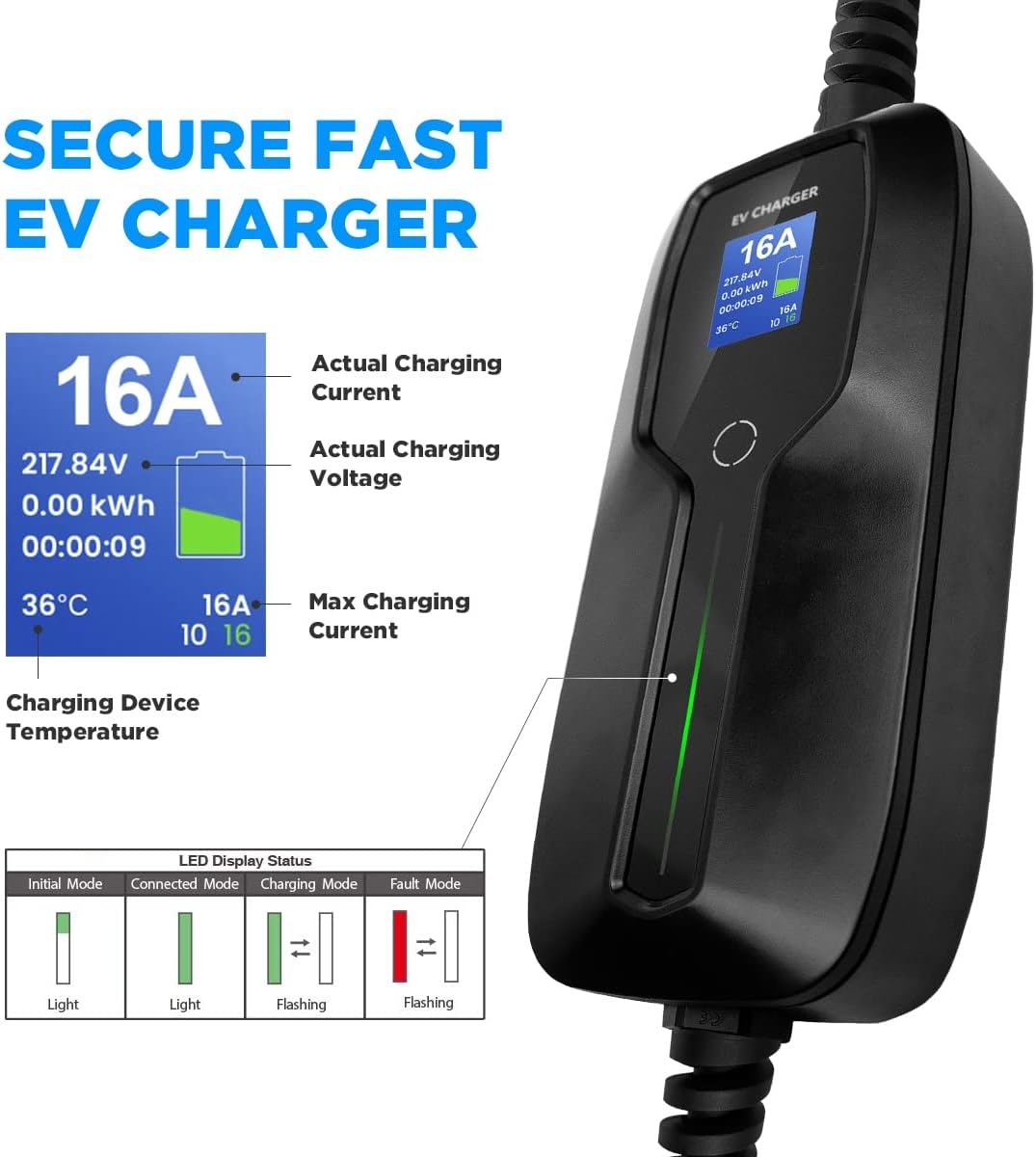 Morec Typ1 draagbare EV-oplaadkabel schakelbare oplaaddoos 10 / 16A-oplader met scherm Schuko 2-pins EV-laadstation SAE J1772 elektrische auto EVSE (eurostekker) 6m
