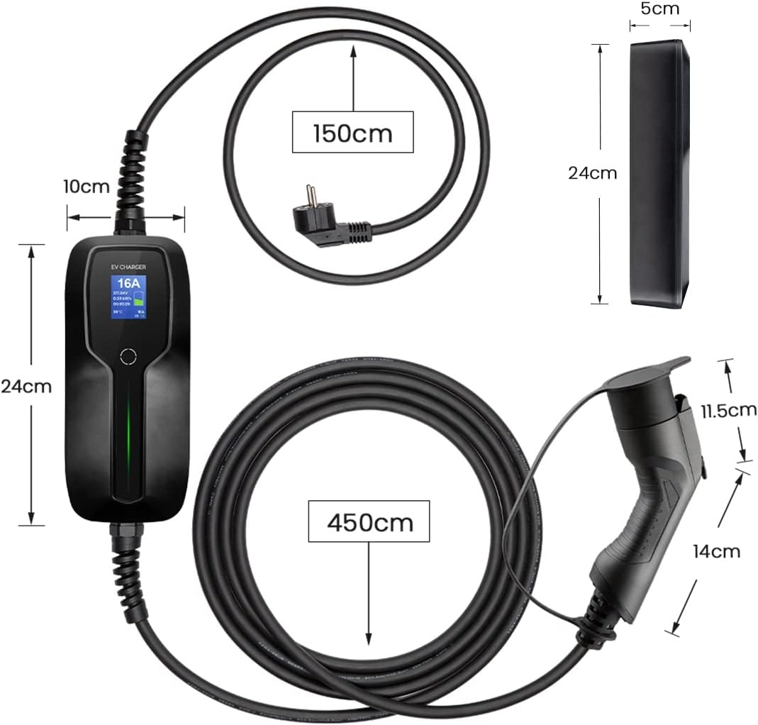 Morec Typ1 draagbare EV-oplaadkabel schakelbare oplaaddoos 10 / 16A-oplader met scherm Schuko 2-pins EV-laadstation SAE J1772 elektrische auto EVSE (eurostekker) 6m