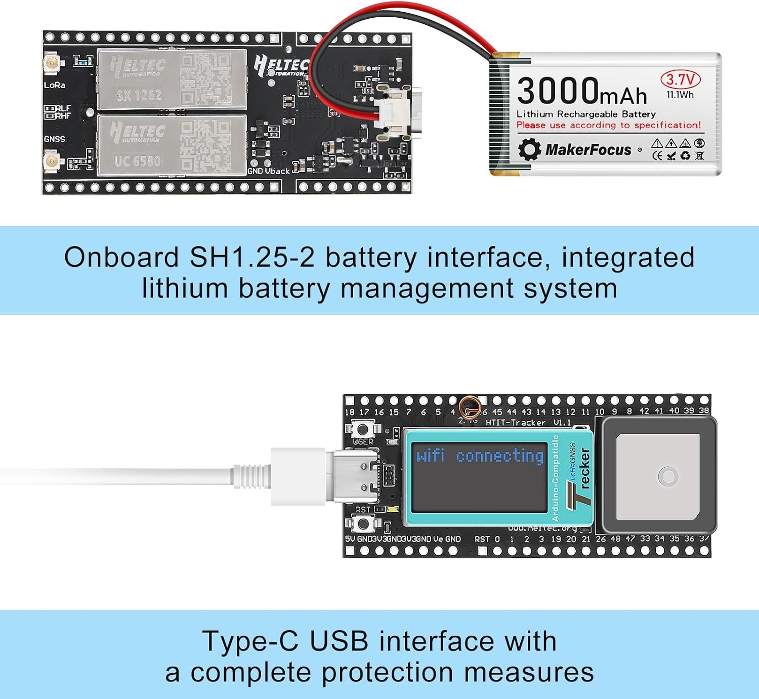 YELUFT Wireless Tracker ESP32 LoRa GPS Module met 3000mAh Accu en LCD-Display