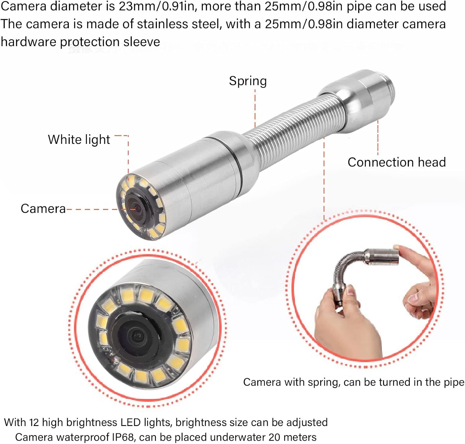 Camera accessoire voor buisinspectie , eenvoudige installatie 23 mm IP68 waterdichte camerakop voor buisinspectie met 12 led verlichting voor buiscamera