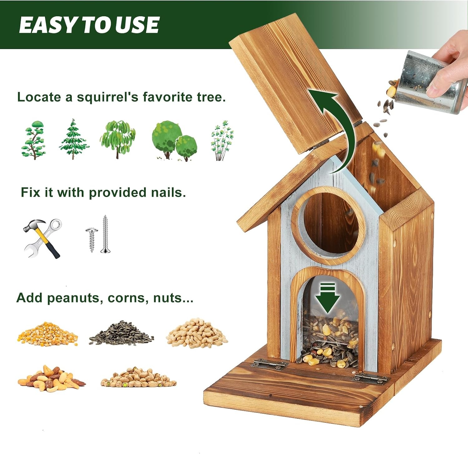 MIXXIDEA Stabiel voederhuis voor eekhoorntjes, dik hout, bruin, 1 stuk