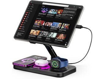 4-in-1 draadloos oplaadstation voor iPhone, verstelbare bureau-tabletstandaard met LED-nachtlampje, opvouwbare tafel iPad-houder voor iPad Pro Air Mini, 4"-15,6" tablettelefoons
