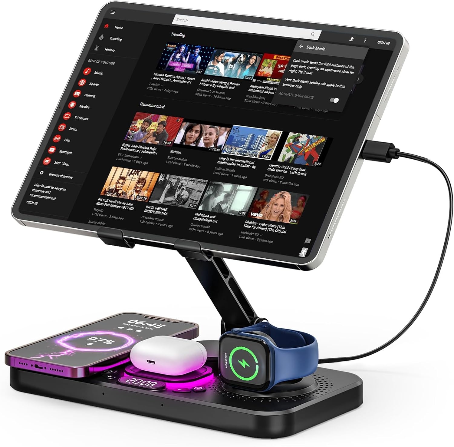 4-in-1 draadloos oplaadstation voor iPhone, verstelbare bureau-tabletstandaard met LED-nachtlampje, opvouwbare tafel iPad-houder voor iPad Pro Air Mini, 4"-15,6" tablettelefoons