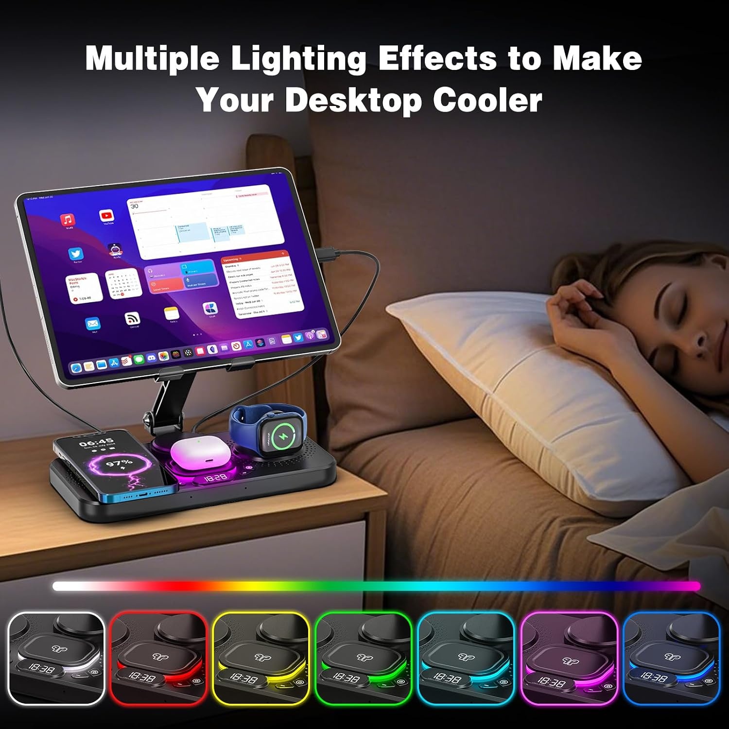 4-in-1 draadloos oplaadstation voor iPhone, verstelbare bureau-tabletstandaard met LED-nachtlampje, opvouwbare tafel iPad-houder voor iPad Pro Air Mini, 4"-15,6" tablettelefoons