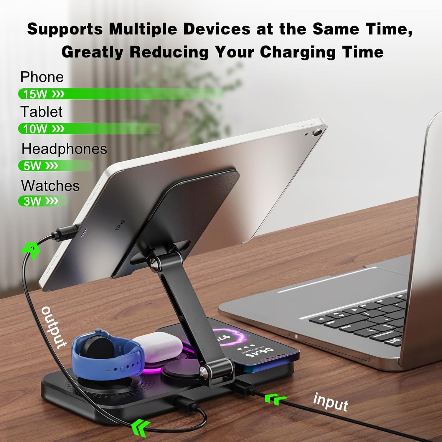 4-in-1 draadloos oplaadstation voor iPhone, verstelbare bureau-tabletstandaard met LED-nachtlampje, opvouwbare tafel iPad-houder voor iPad Pro Air Mini, 4"-15,6" tablettelefoons