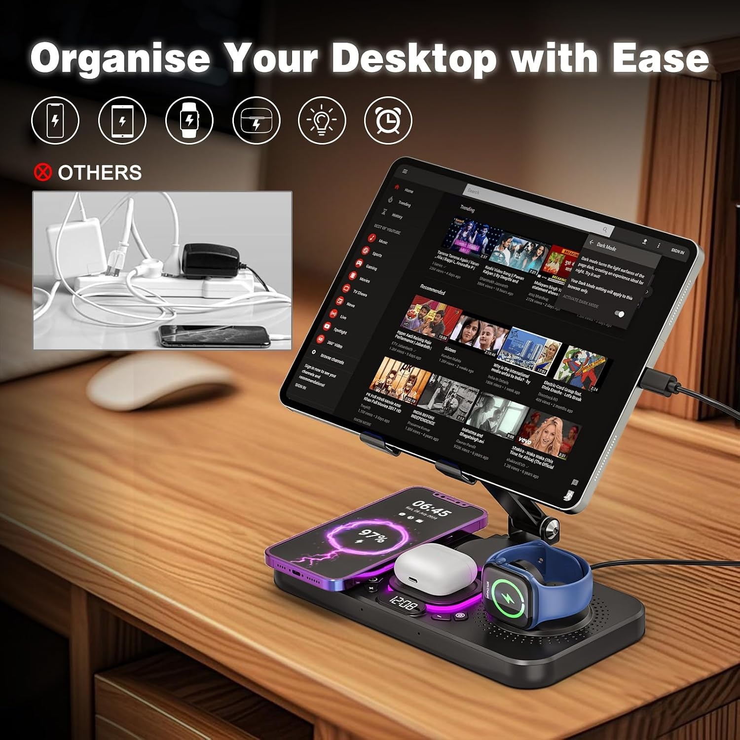 4-in-1 draadloos oplaadstation voor iPhone, verstelbare bureau-tabletstandaard met LED-nachtlampje, opvouwbare tafel iPad-houder voor iPad Pro Air Mini, 4"-15,6" tablettelefoons