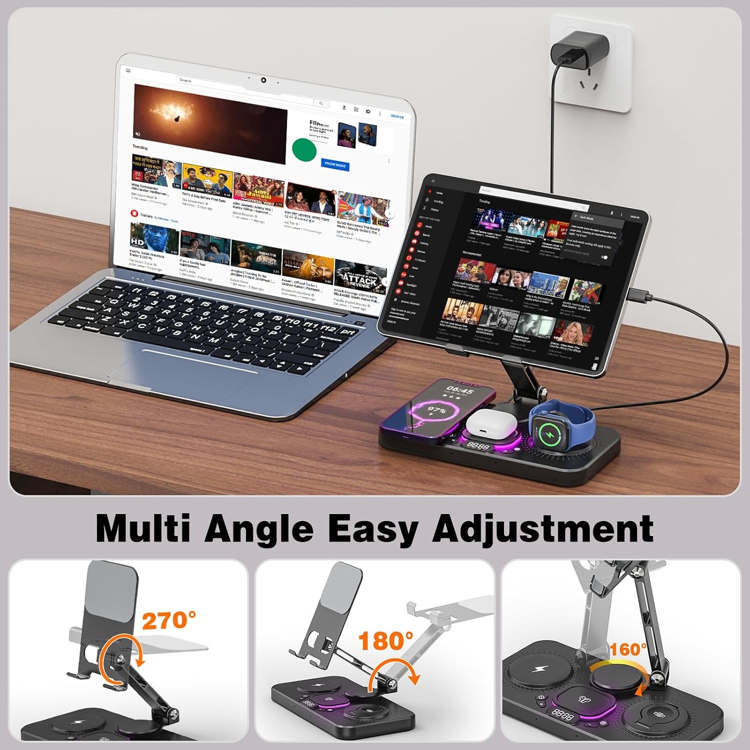 4-in-1 draadloos oplaadstation voor iPhone, verstelbare bureau-tabletstandaard met LED-nachtlampje, opvouwbare tafel iPad-houder voor iPad Pro Air Mini, 4"-15,6" tablettelefoons