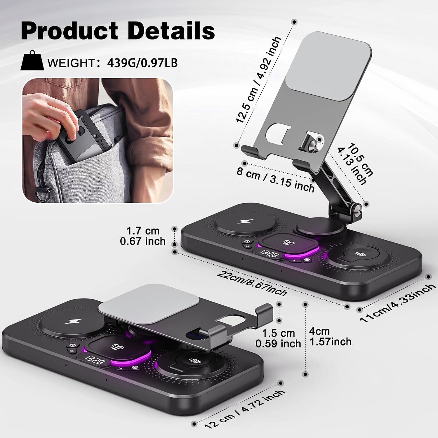 4-in-1 draadloos oplaadstation voor iPhone, verstelbare bureau-tabletstandaard met LED-nachtlampje, opvouwbare tafel iPad-houder voor iPad Pro Air Mini, 4"-15,6" tablettelefoons