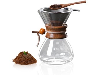 Tissting Pour Over koffiezetapparaat, 400 ml, met karaf en roestvrijstalen handfilter, permanent filter van glas voor 1-2 kopjes