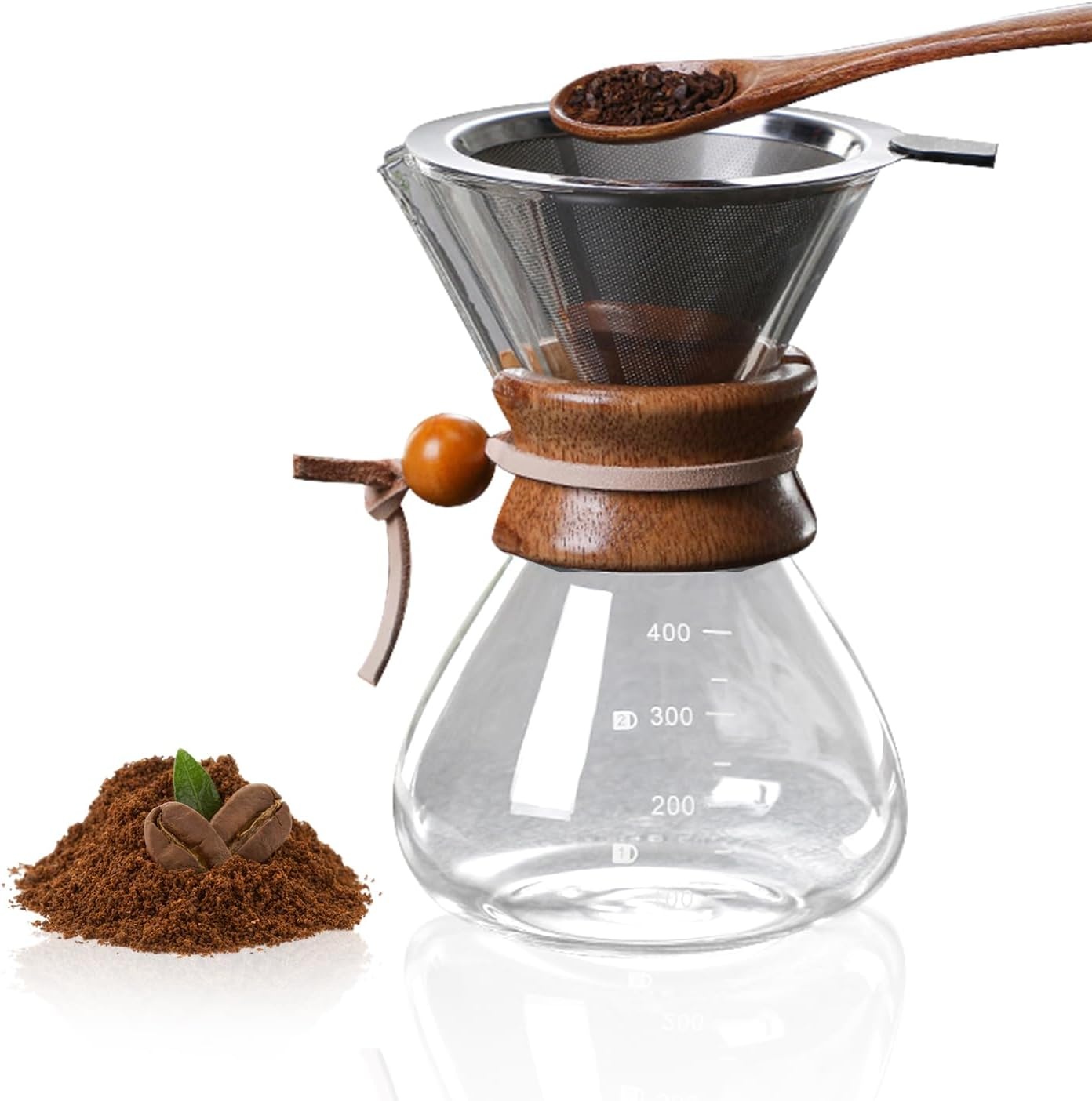 Tissting Pour Over koffiezetapparaat, 400 ml, met karaf en roestvrijstalen handfilter, permanent filter van glas voor 1-2 kopjes
