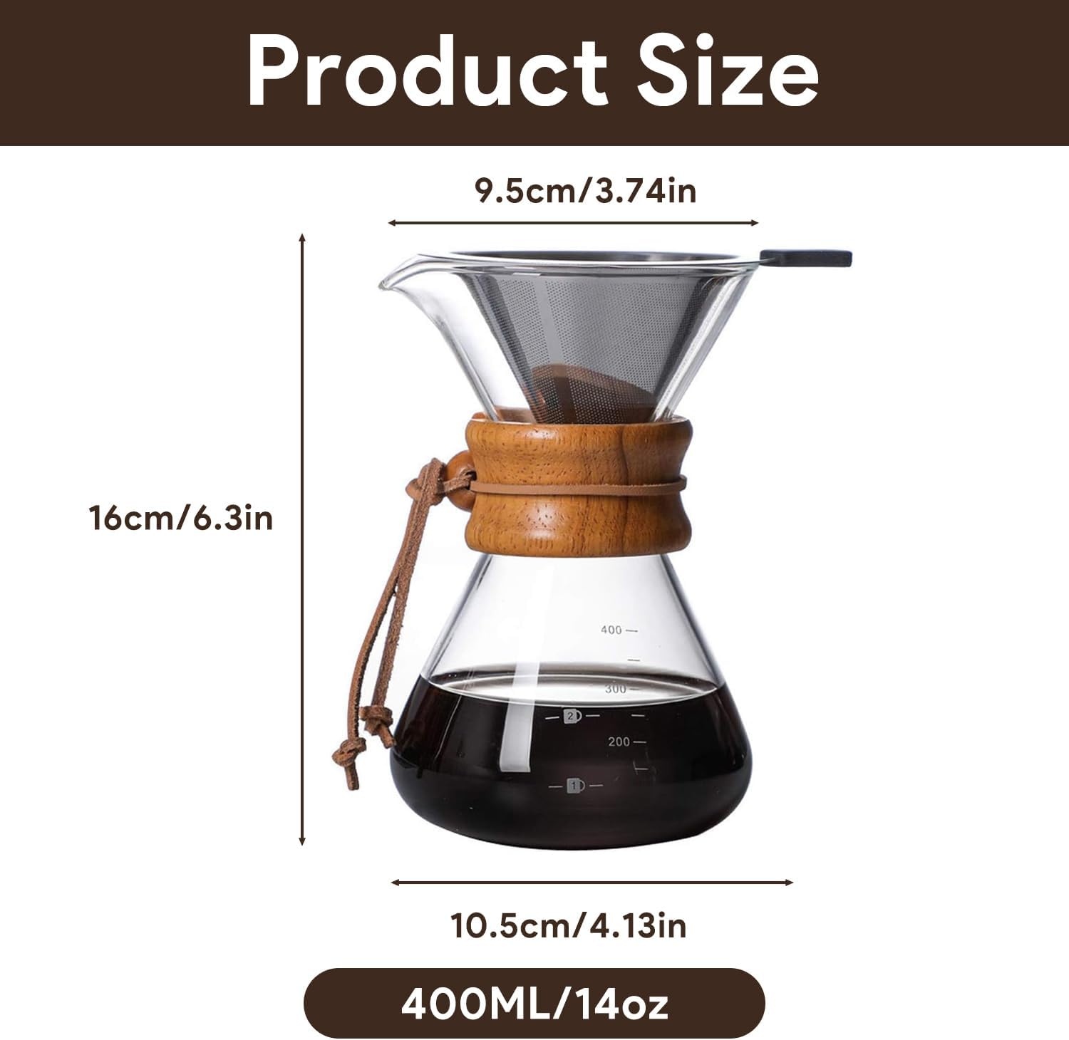Tissting Pour Over koffiezetapparaat, 400 ml, met karaf en roestvrijstalen handfilter, permanent filter van glas voor 1-2 kopjes
