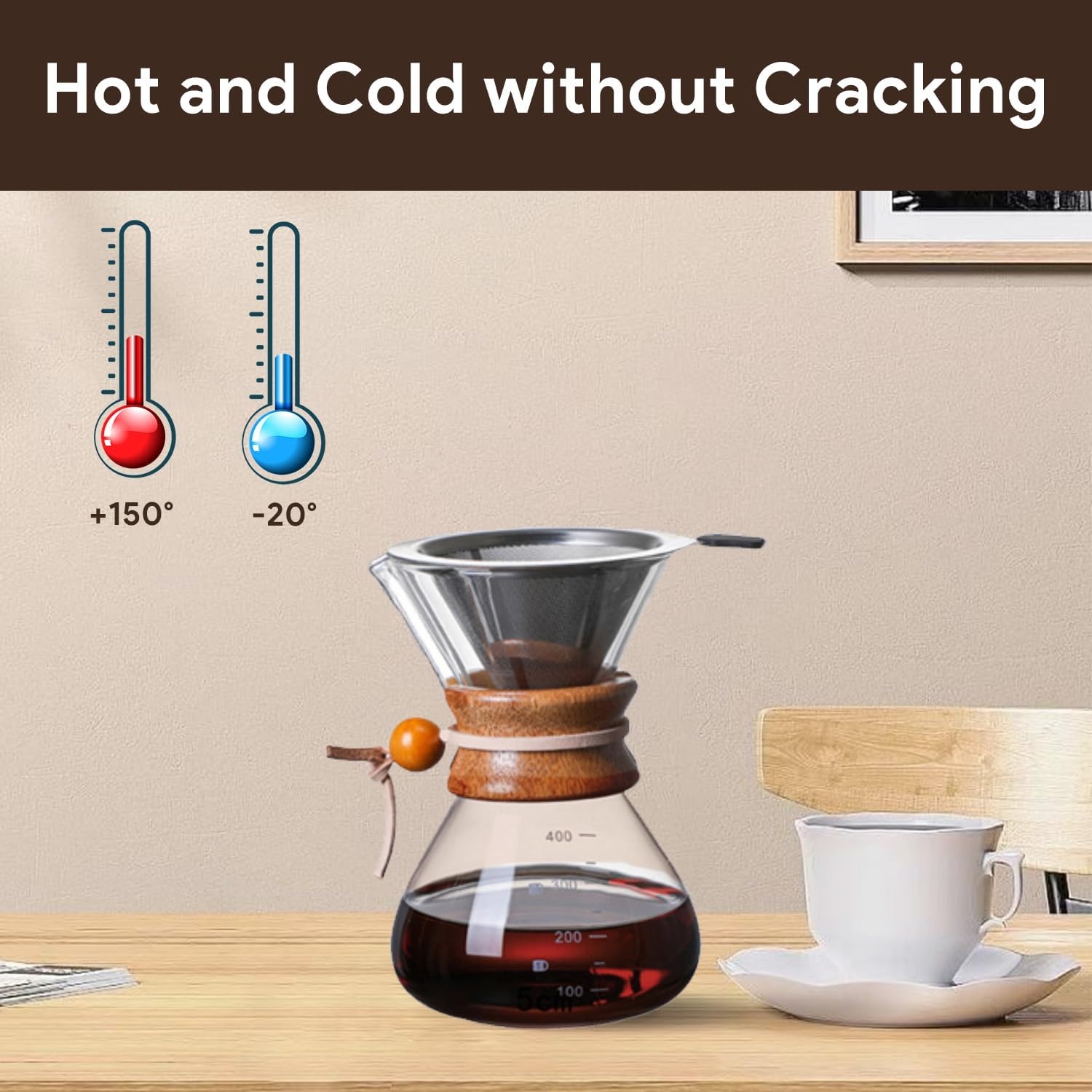 Tissting Pour Over koffiezetapparaat, 400 ml, met karaf en roestvrijstalen handfilter, permanent filter van glas voor 1-2 kopjes