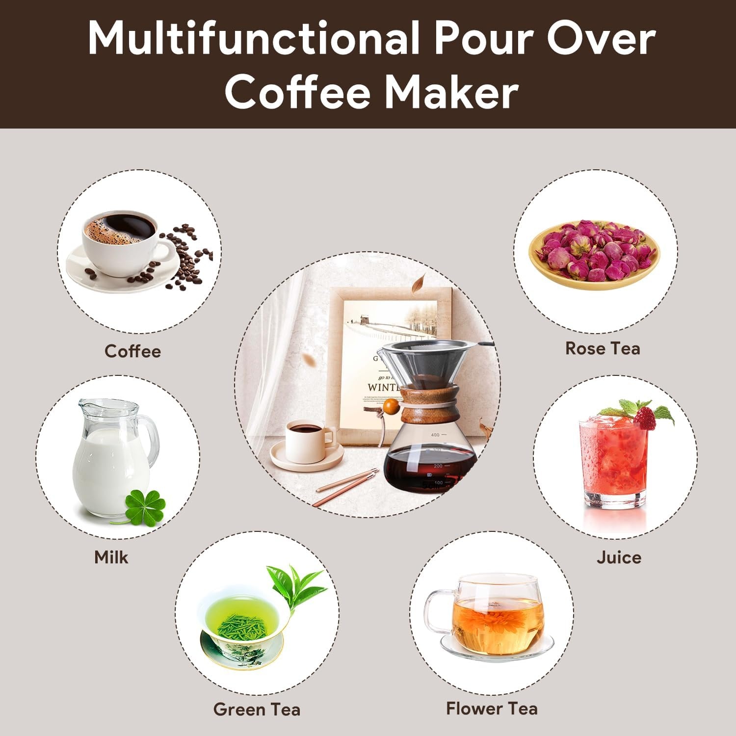 Tissting Pour Over koffiezetapparaat, 400 ml, met karaf en roestvrijstalen handfilter, permanent filter van glas voor 1-2 kopjes