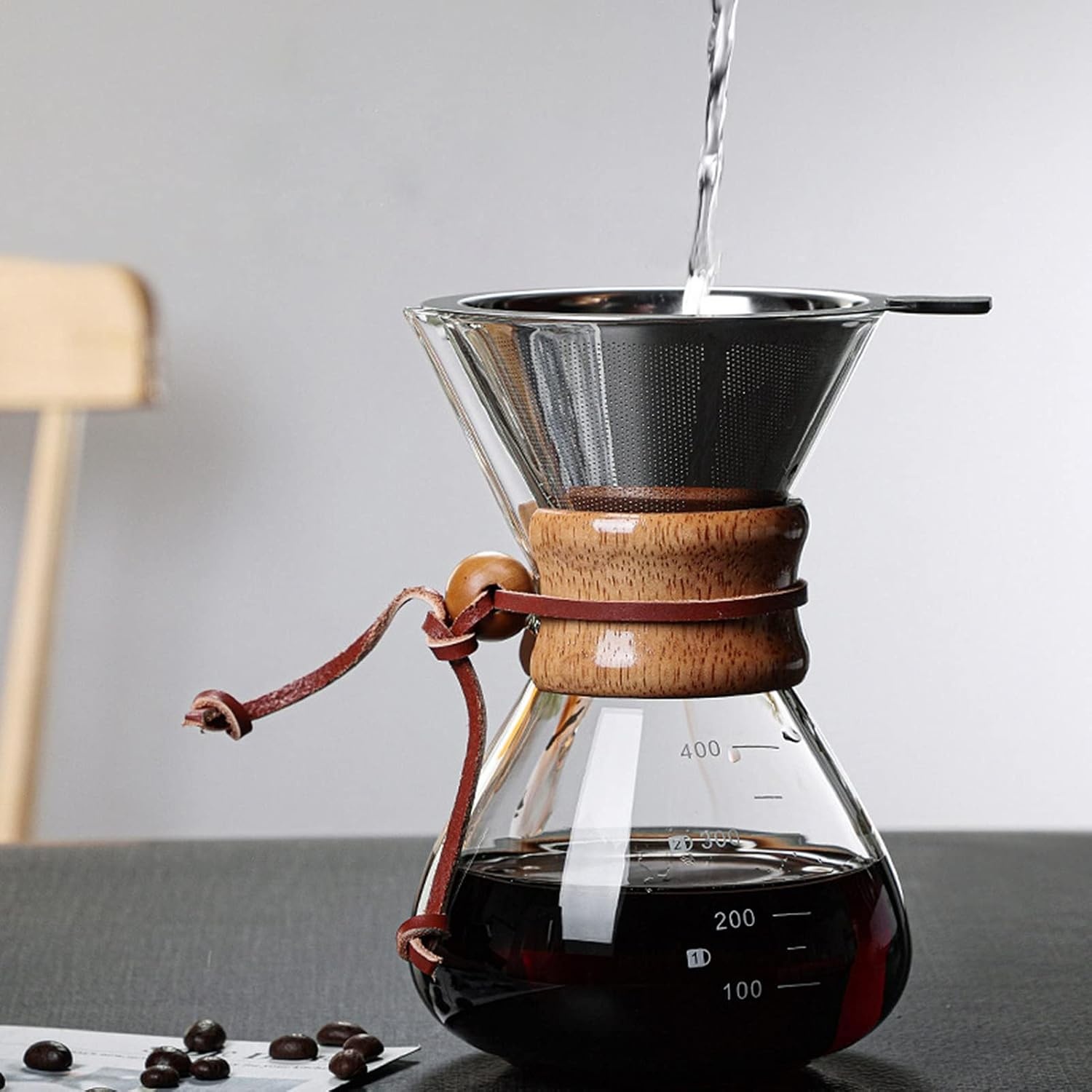 Tissting Pour Over koffiezetapparaat, 400 ml, met karaf en roestvrijstalen handfilter, permanent filter van glas voor 1-2 kopjes