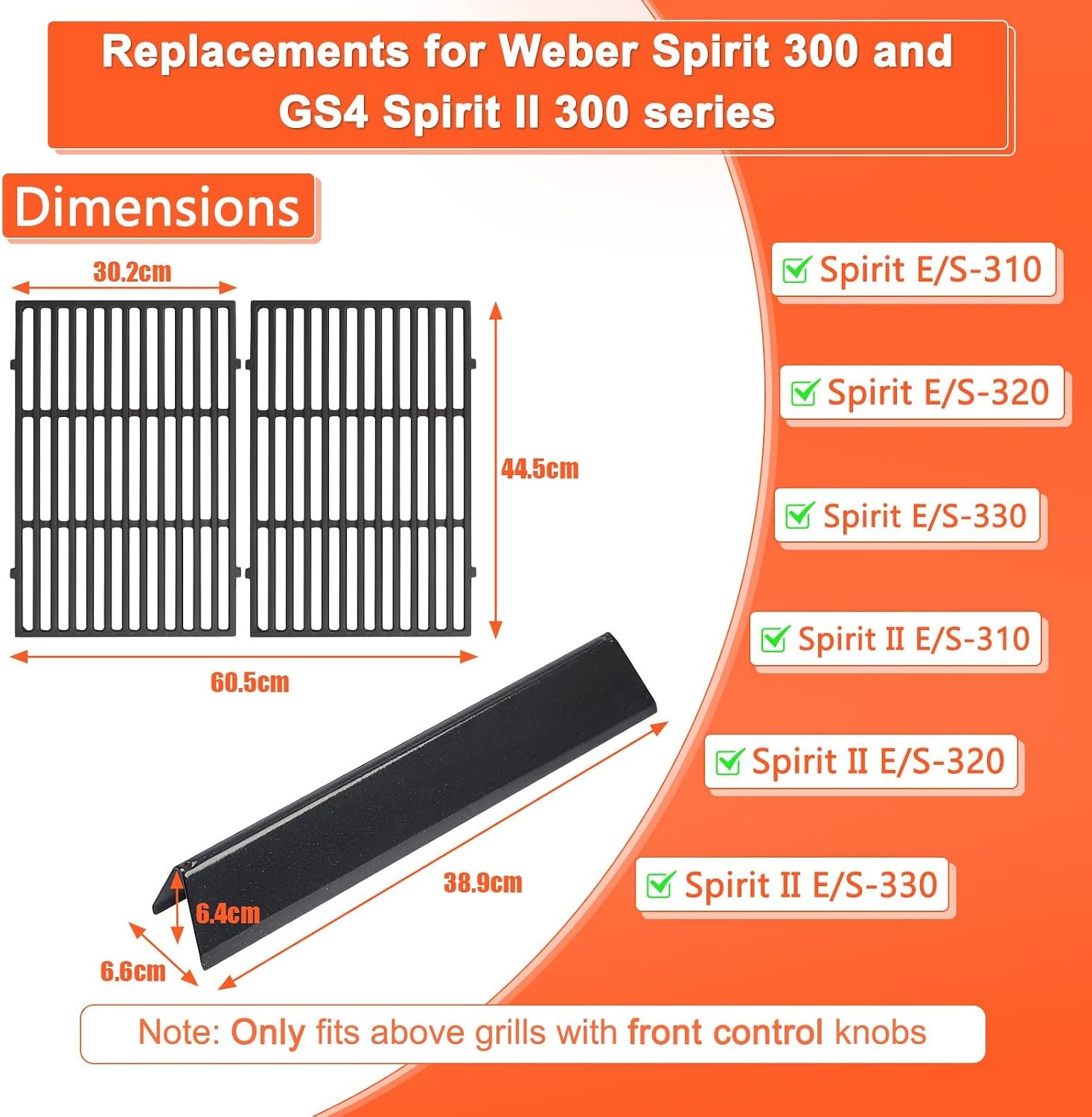 GFTIME 38,9 cm Flavorizer Bar & 44,5x30 cm gietijzeren grillroosters voor Weber Spirit E-310/320/330, Spirit II E-310 S-310, RÖSLE VIDERO G3 gasgrill – Vervanging voor porseleinemaille hitteschild en