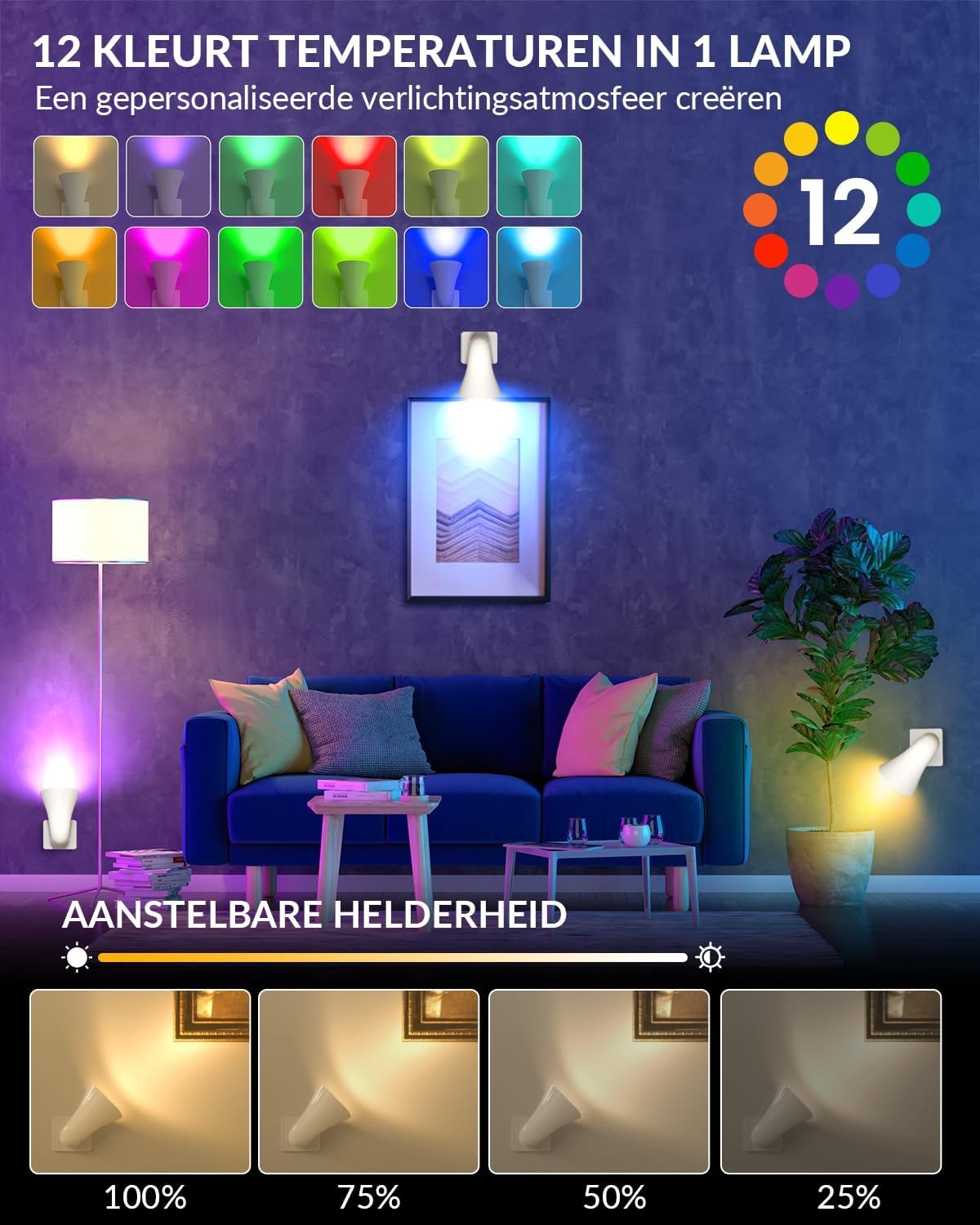 BrightArk LED Wandlampen met Stekker - RGB - 13 Kleuren - 360° Draaibaar - 2 Stuks