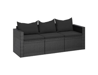 vidaXL Tuinbank 3-zits met kussens poly rattan zwart
