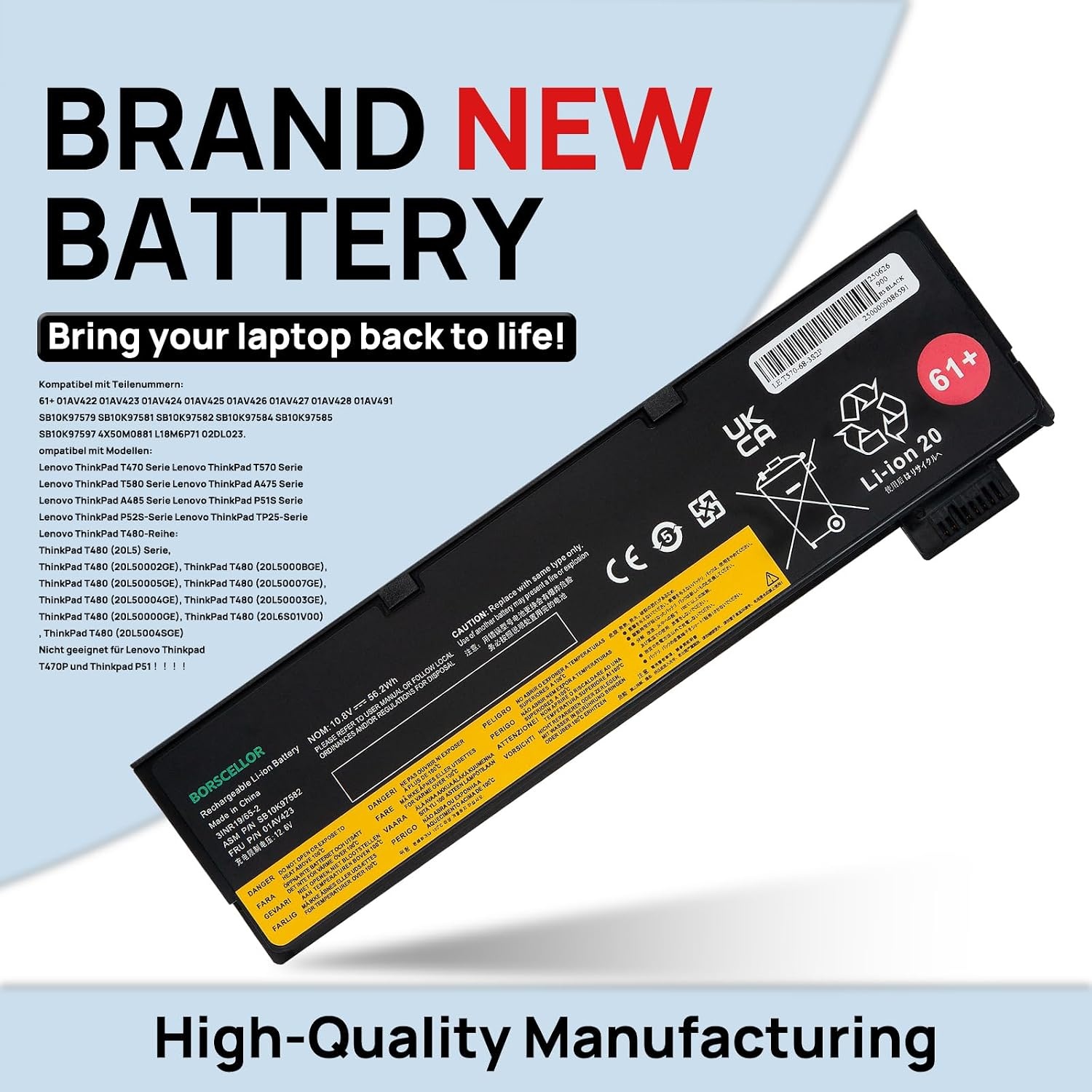 61+ 01AV491+ 01AV425 01AV423 01AV424 01AV427 accu voor laptop ThinkPad A475 A485 TP25 P51S P52S T470 T480 T580T570 Serie 01AV425 4X500 M0881 01AV491 SB10K97582/583 01AV426 SB10K97661 L18M6P71 02DL023
