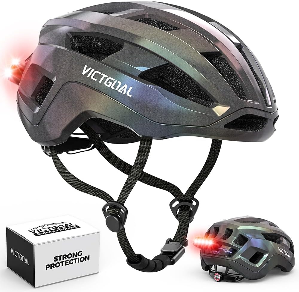 VICTGOAL Racefietshelm voor dames en heren, lichte fietshelm met magnetisch achterlicht, instelbaar, ademend, racefietshelm voor volwassenen, fietsen