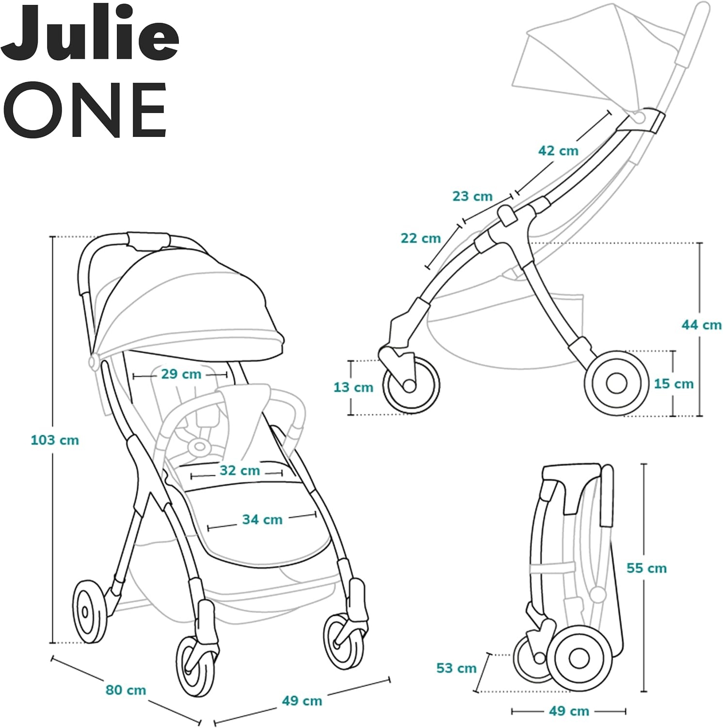 Lionelo Julie One Buggy Zwart - Lichtgewicht en Compacte Kinderwagen tot 22 kg