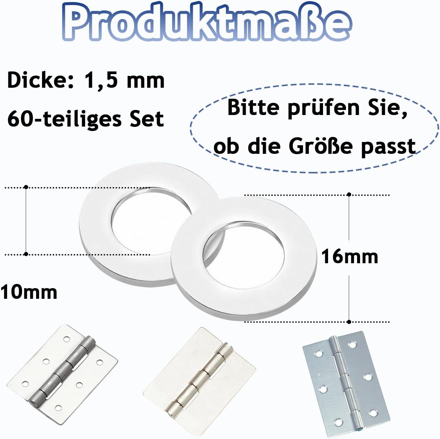 60 stuks sluitringen, hoge kwaliteit 304 roestvrij staal, voor kamerdeuren, Ø 10 mm x 16 mm deursluitringen, duurzame afstandsring voor deurscharnieren, vermindert slijtage en geluiden (zilver)