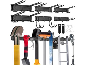 Sinoer Wall Mount for Tools 244 cm (96 inches) - Garage Organizer with 18 Hooks + 4 S-Hooks & 2 Straps - for Ski Equipment, Shovels, Rakes, Garden Tools, Chairs & Garden Hoses