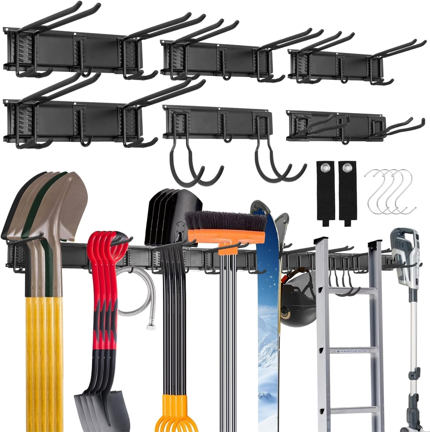 Sinoer Wall Mount for Tools 244 cm (96 inches) - Garage Organizer with 18 Hooks + 4 S-Hooks & 2 Straps - for Ski Equipment, Shovels, Rakes, Garden Tools, Chairs & Garden Hoses