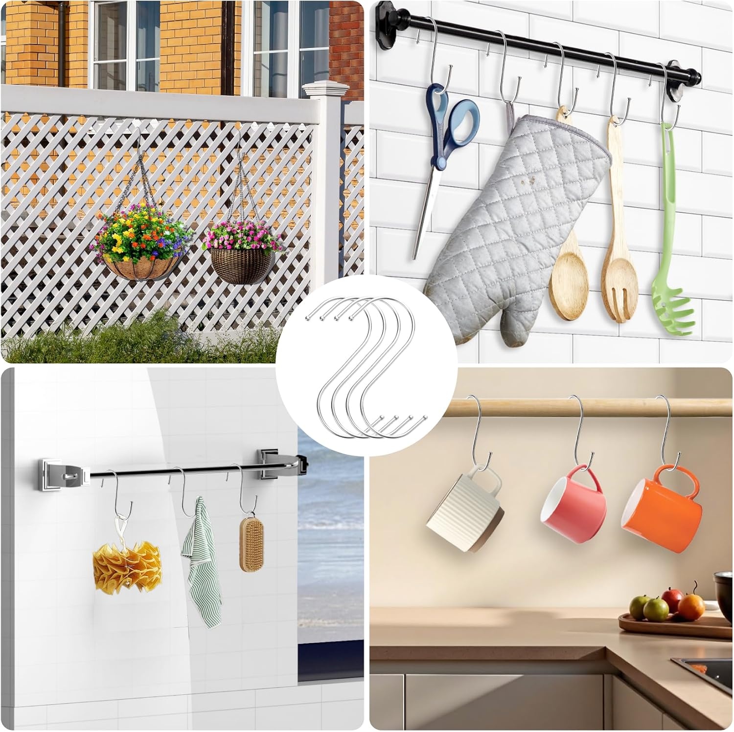 Sinoer Wall Mount for Tools 244 cm (96 inches) - Garage Organizer with 18 Hooks + 4 S-Hooks & 2 Straps - for Ski Equipment, Shovels, Rakes, Garden Tools, Chairs & Garden Hoses