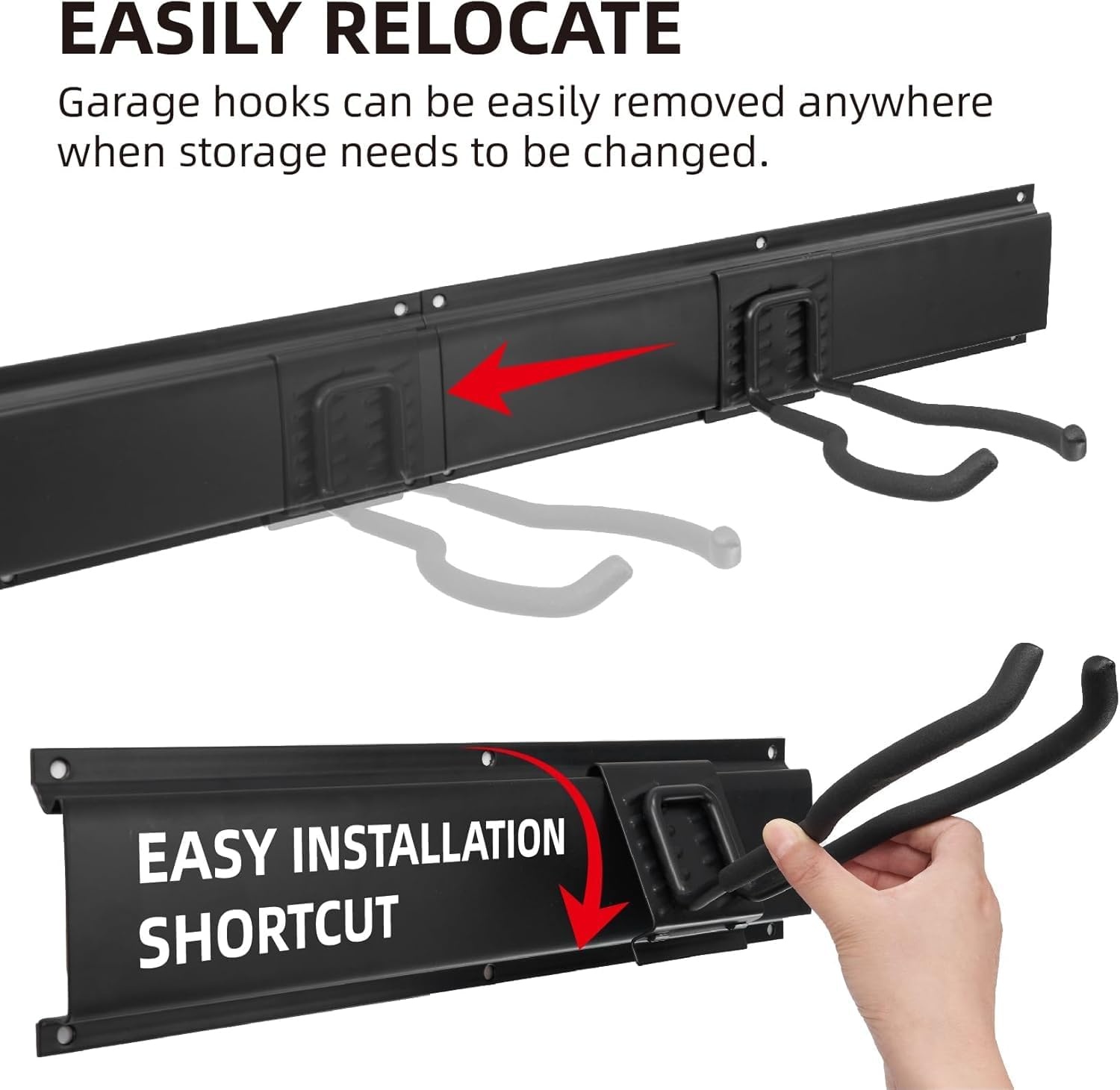 Sinoer Wall Mount for Tools 244 cm (96 inches) - Garage Organizer with 18 Hooks + 4 S-Hooks & 2 Straps - for Ski Equipment, Shovels, Rakes, Garden Tools, Chairs & Garden Hoses