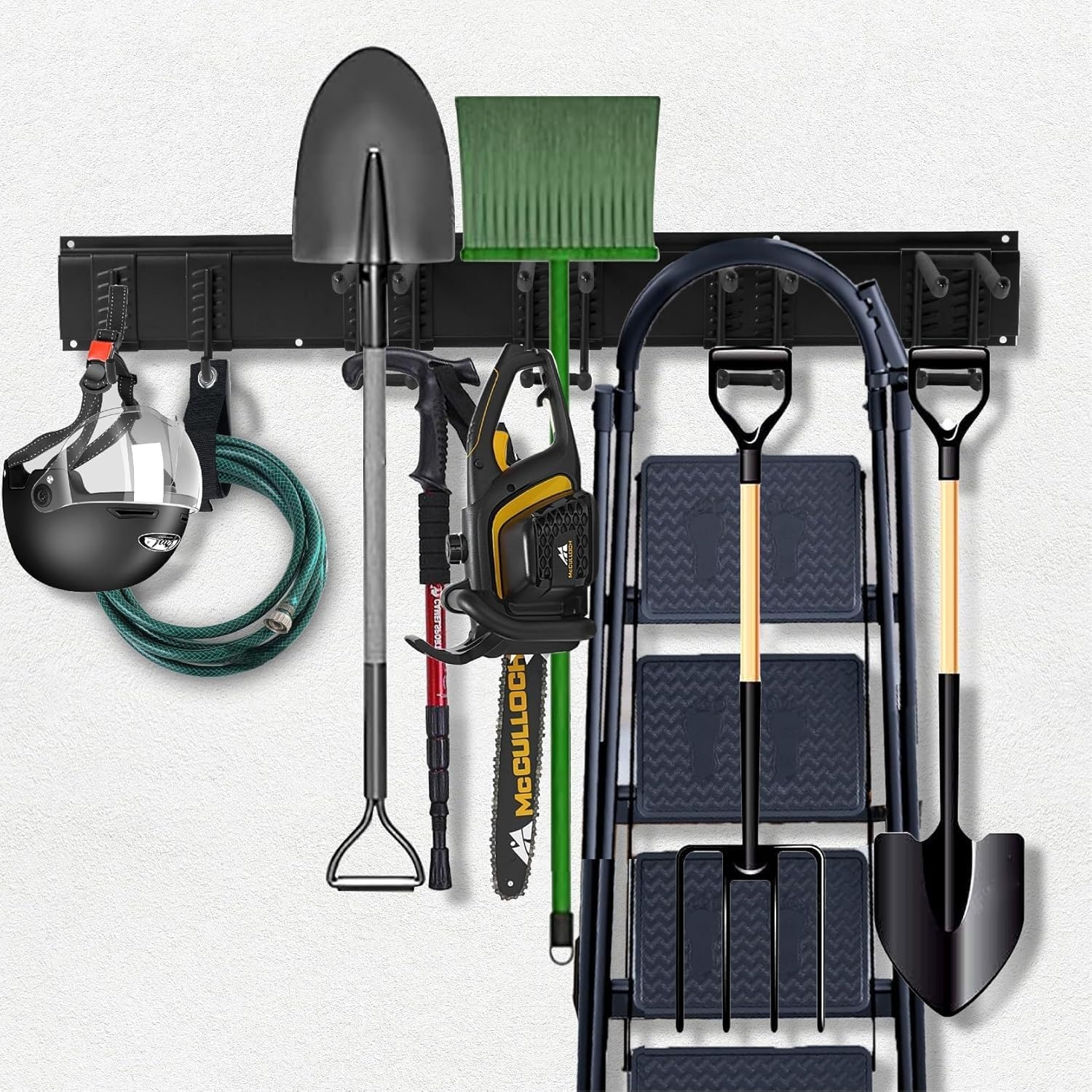 Sinoer Wall Mount for Tools 244 cm (96 inches) - Garage Organizer with 18 Hooks + 4 S-Hooks & 2 Straps - for Ski Equipment, Shovels, Rakes, Garden Tools, Chairs & Garden Hoses