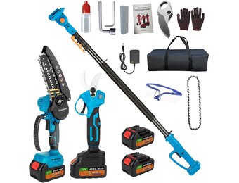4-in-1 tuinset met telescoop 3 cm heggenschaar, accu, 6 inch kettingzaag, hoogsnoeier en accessoires, 21 V accu, motorzaag, 2,6 m, telescoopstang, 2 x 4000 mAh lithium