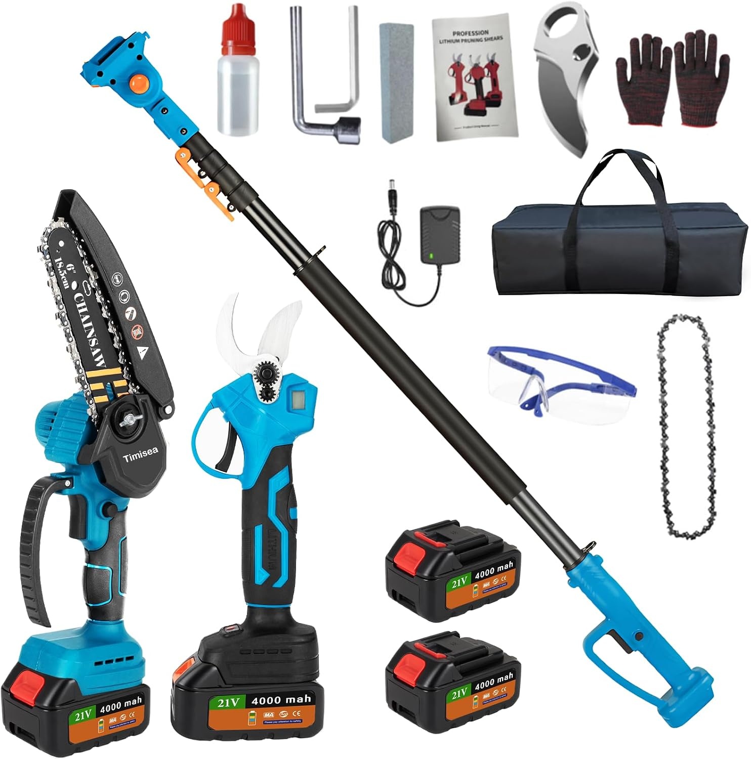 4-in-1 tuinset met telescoop 3 cm heggenschaar, accu, 6 inch kettingzaag, hoogsnoeier en accessoires, 21 V accu, motorzaag, 2,6 m, telescoopstang, 2 x 4000 mAh lithium