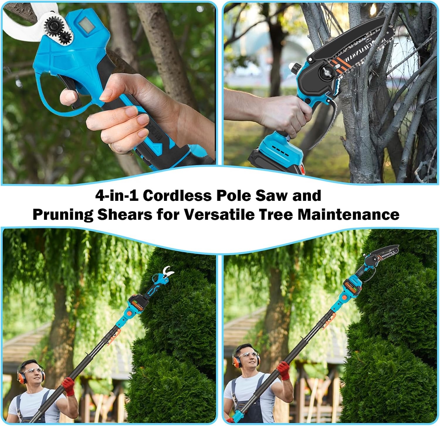 4-in-1 tuinset met telescoop 3 cm heggenschaar, accu, 6 inch kettingzaag, hoogsnoeier en accessoires, 21 V accu, motorzaag, 2,6 m, telescoopstang, 2 x 4000 mAh lithium