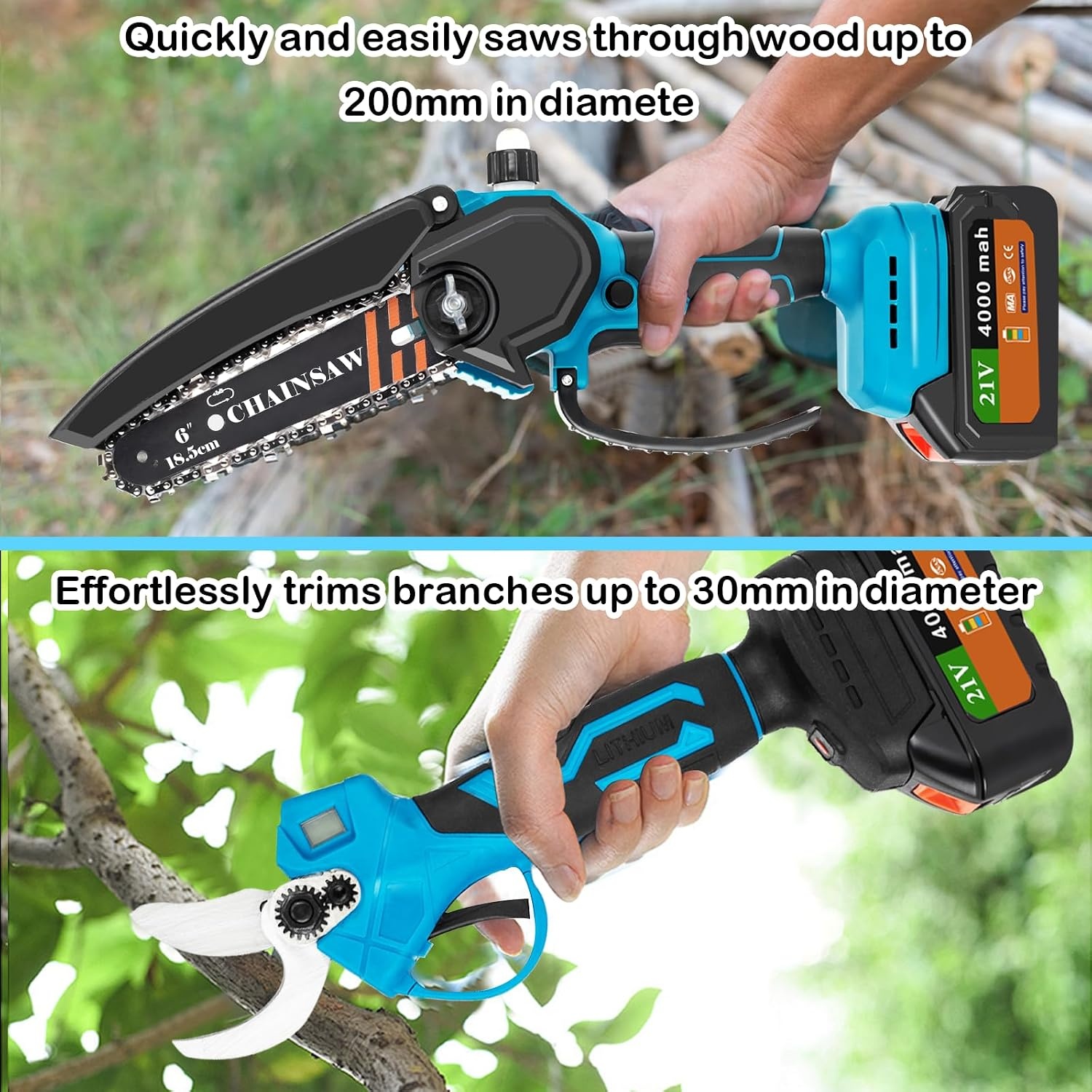 4-in-1 tuinset met telescoop 3 cm heggenschaar, accu, 6 inch kettingzaag, hoogsnoeier en accessoires, 21 V accu, motorzaag, 2,6 m, telescoopstang, 2 x 4000 mAh lithium