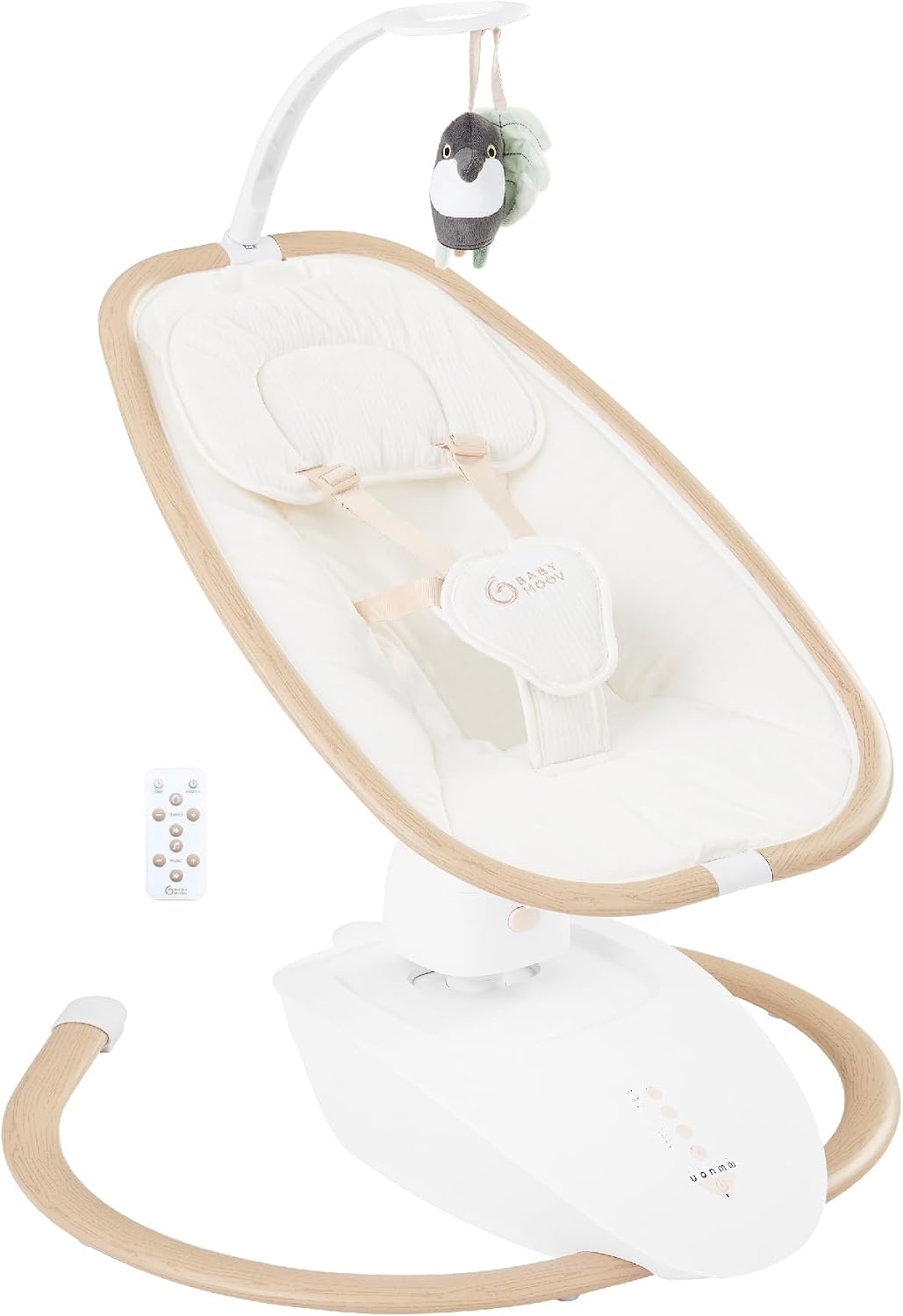 Babymoov Elektrische Baby Swing Swoon Hoop, Inclusief afstandsbediening, Elegant ontwerp, 90° draaibare zitting, comfortabel, 5 schommelbewegingen, programmeerbaar, 8 slaapliedjes, Speelboog, Zand