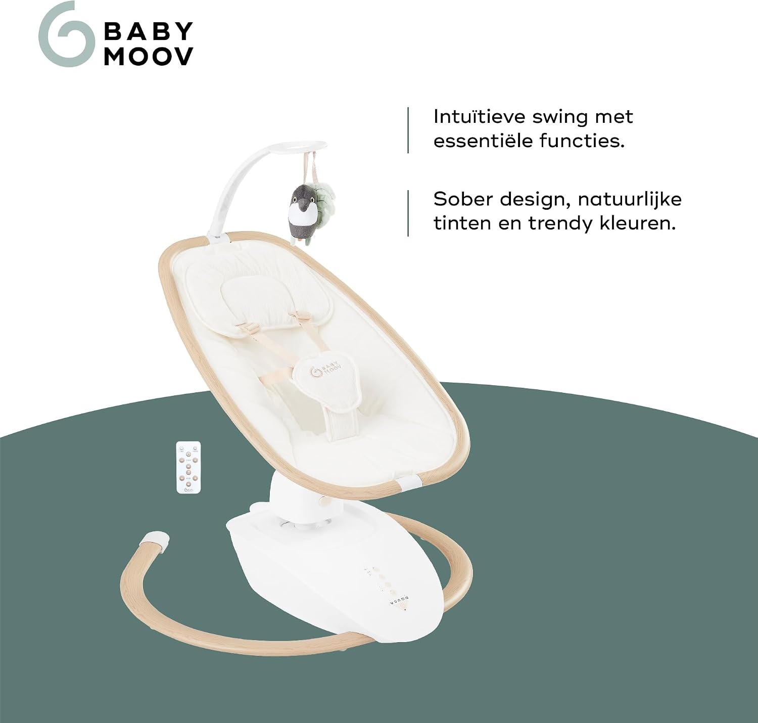 Babymoov Elektrische Baby Swing Swoon Hoop, Inclusief afstandsbediening, Elegant ontwerp, 90° draaibare zitting, comfortabel, 5 schommelbewegingen, programmeerbaar, 8 slaapliedjes, Speelboog, Zand
