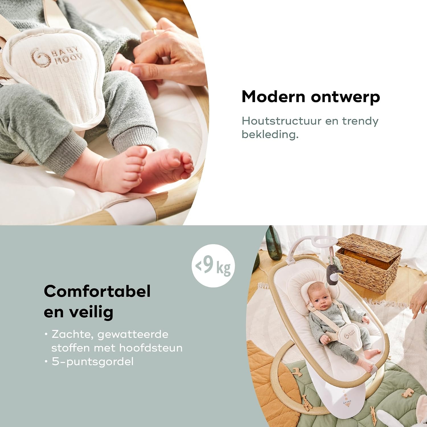 Babymoov Elektrische Baby Swing Swoon Hoop, Inclusief afstandsbediening, Elegant ontwerp, 90° draaibare zitting, comfortabel, 5 schommelbewegingen, programmeerbaar, 8 slaapliedjes, Speelboog, Zand