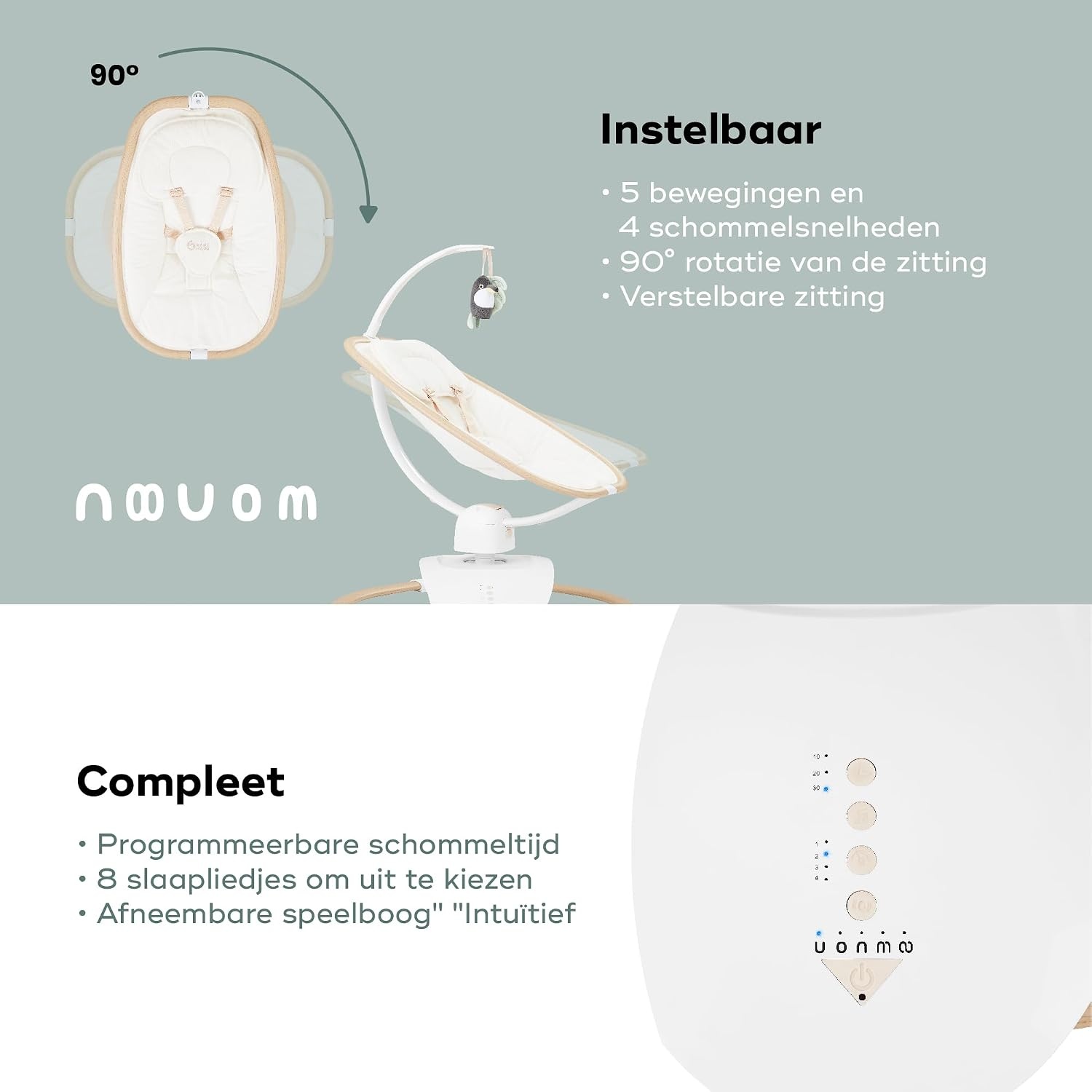 Babymoov Elektrische Baby Swing Swoon Hoop, Inclusief afstandsbediening, Elegant ontwerp, 90° draaibare zitting, comfortabel, 5 schommelbewegingen, programmeerbaar, 8 slaapliedjes, Speelboog, Zand
