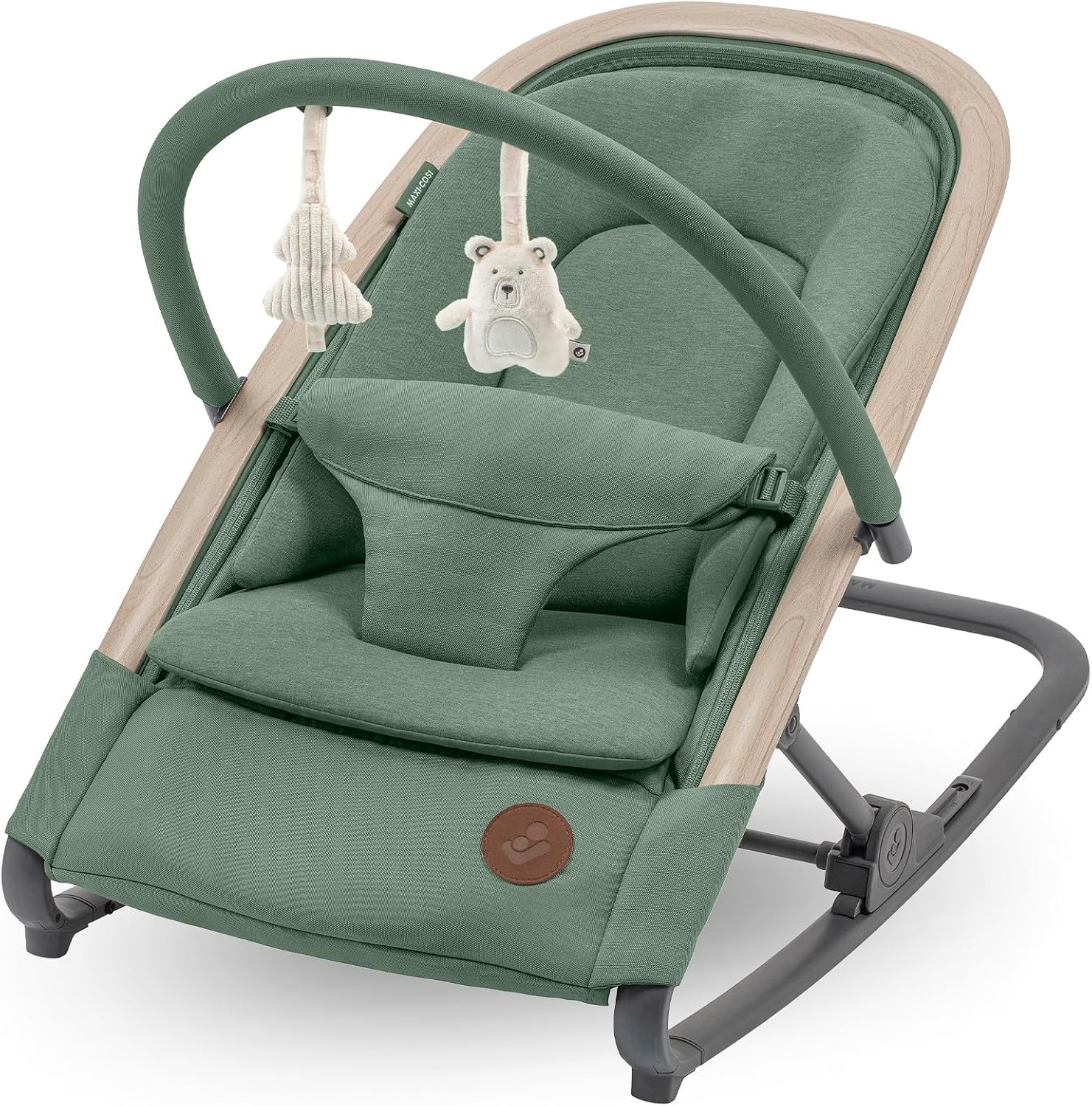Maxi-Cosi Kori 2-in-1 Baby wipstoel met Speelgoedboog, 0-2 jaar, tot 15 kg, Baby Bouncer, 3 Ligstanden met één Hand, Easy-in Harnas, Lichtgewicht en Compact, 2 Speeltjes, Eco Care, Beyond Green