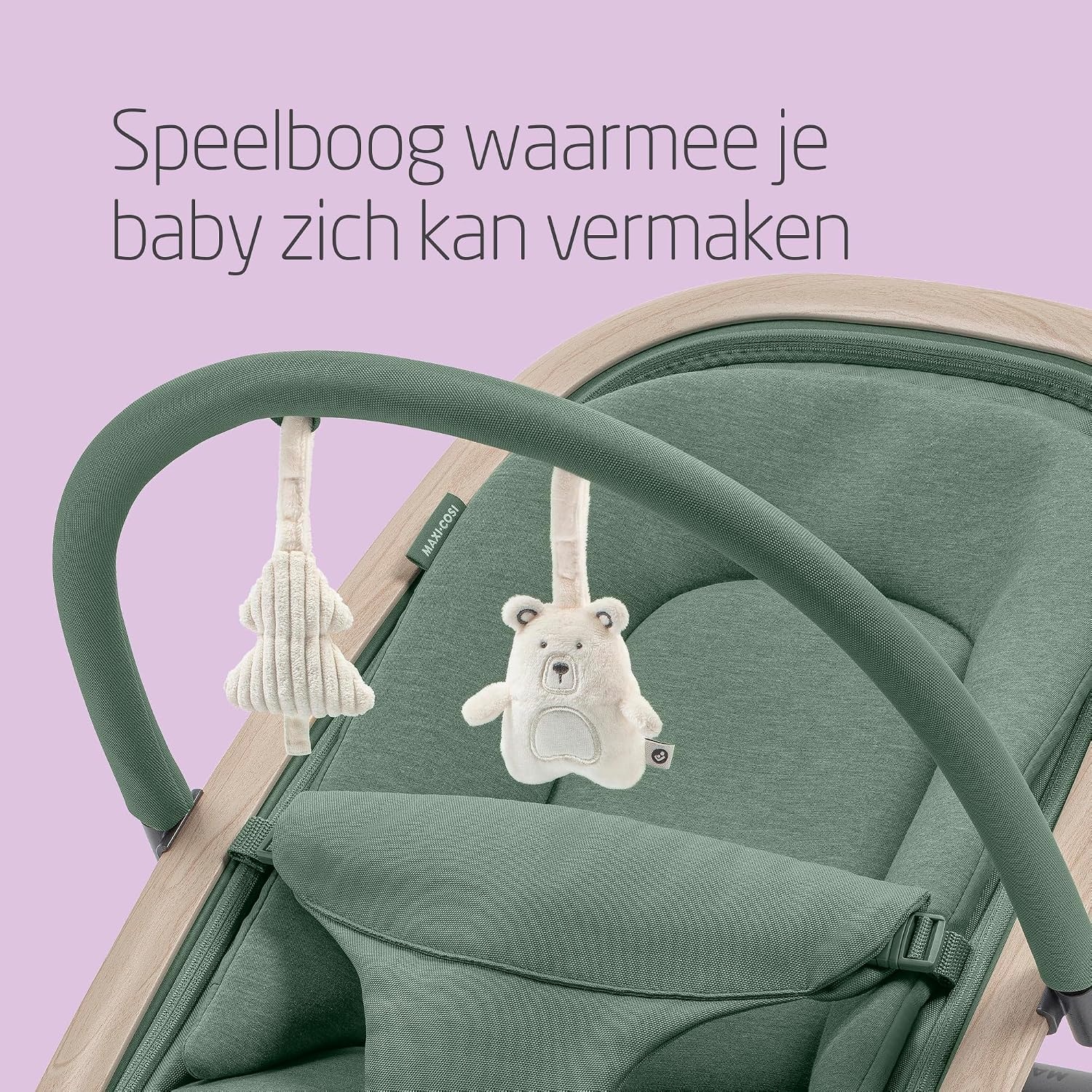 Maxi-Cosi Kori 2-in-1 Baby wipstoel met Speelgoedboog, 0-2 jaar, tot 15 kg, Baby Bouncer, 3 Ligstanden met één Hand, Easy-in Harnas, Lichtgewicht en Compact, 2 Speeltjes, Eco Care, Beyond Green