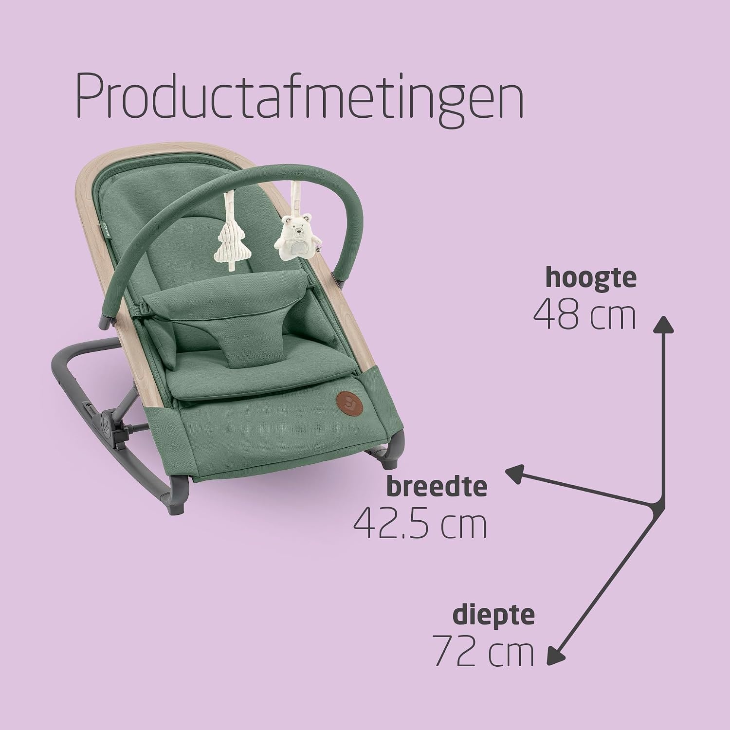 Maxi-Cosi Kori 2-in-1 Baby wipstoel met Speelgoedboog, 0-2 jaar, tot 15 kg, Baby Bouncer, 3 Ligstanden met één Hand, Easy-in Harnas, Lichtgewicht en Compact, 2 Speeltjes, Eco Care, Beyond Green